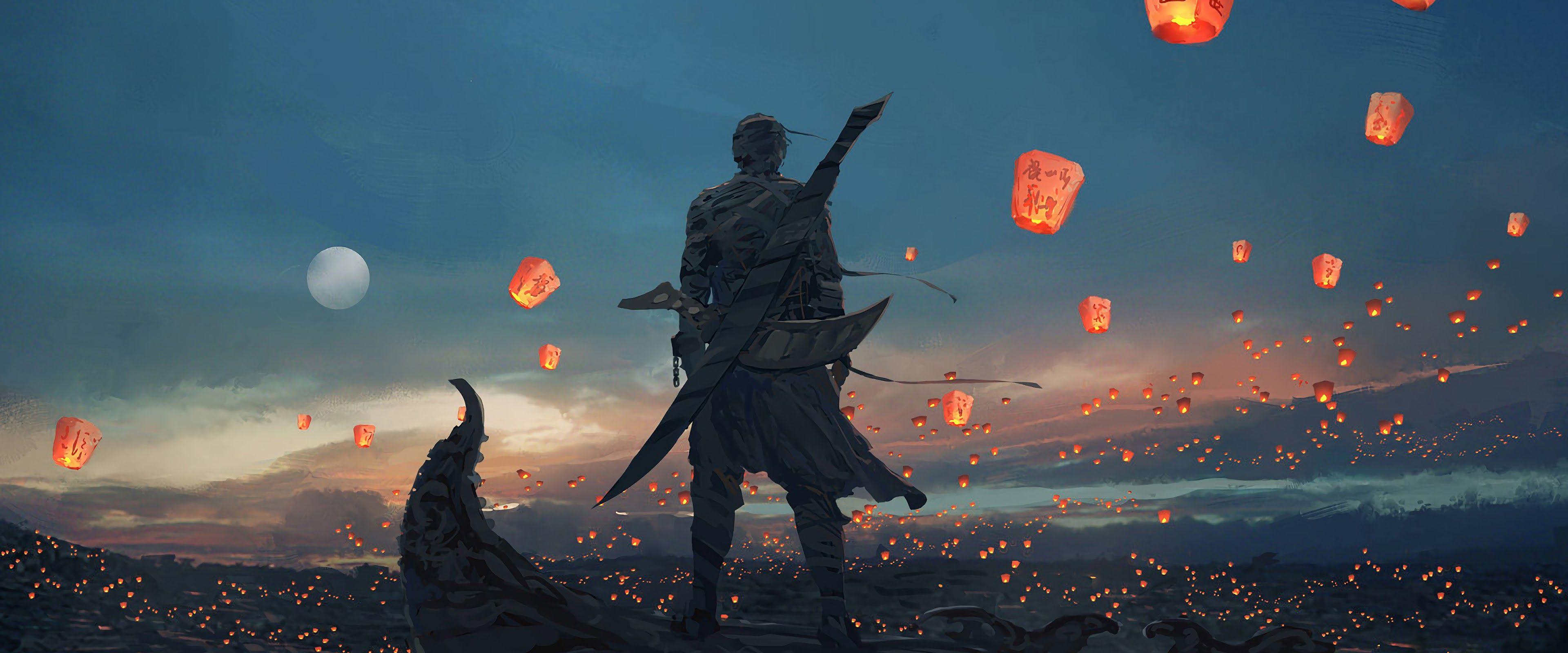 3840x1600 Anime Warrior Sky Lantern 4K Wallpaper
