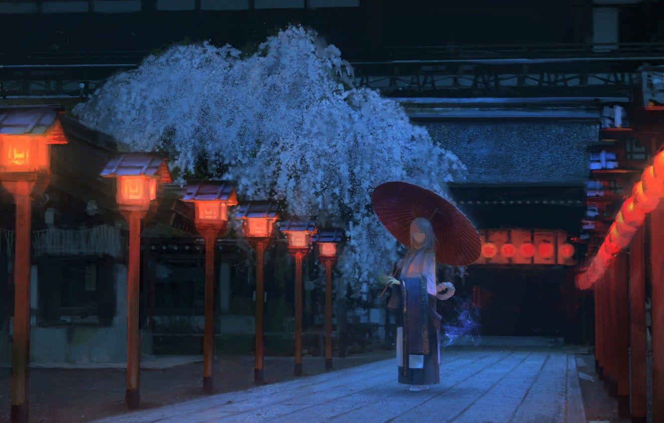 1332x850 Wallpaper girl, night, Japan, Sakura, track, Japanese clothing, the red lanterns, wooden house, under the umbrella image for desktop, section арт