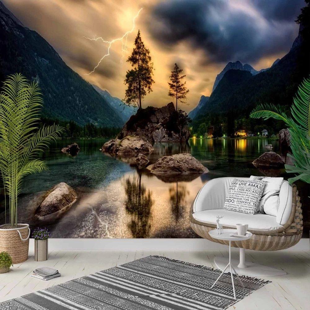 1000x1000 Else Night Storm Mountain Lake Floral 3D Photo Cleanable Fabric Mural Home Decor living Room Bedroom Background Wallpaper. Wallpaper
