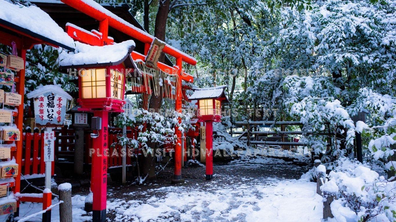 1366x768 nonomiya shrine japanese snow winter torii