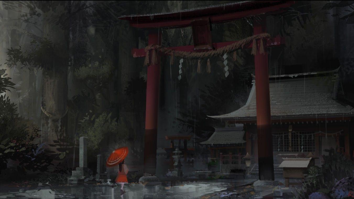 1351x761 Japan, Touhou, rain, storm, shrine, umbrellas, torii gate wallpaper