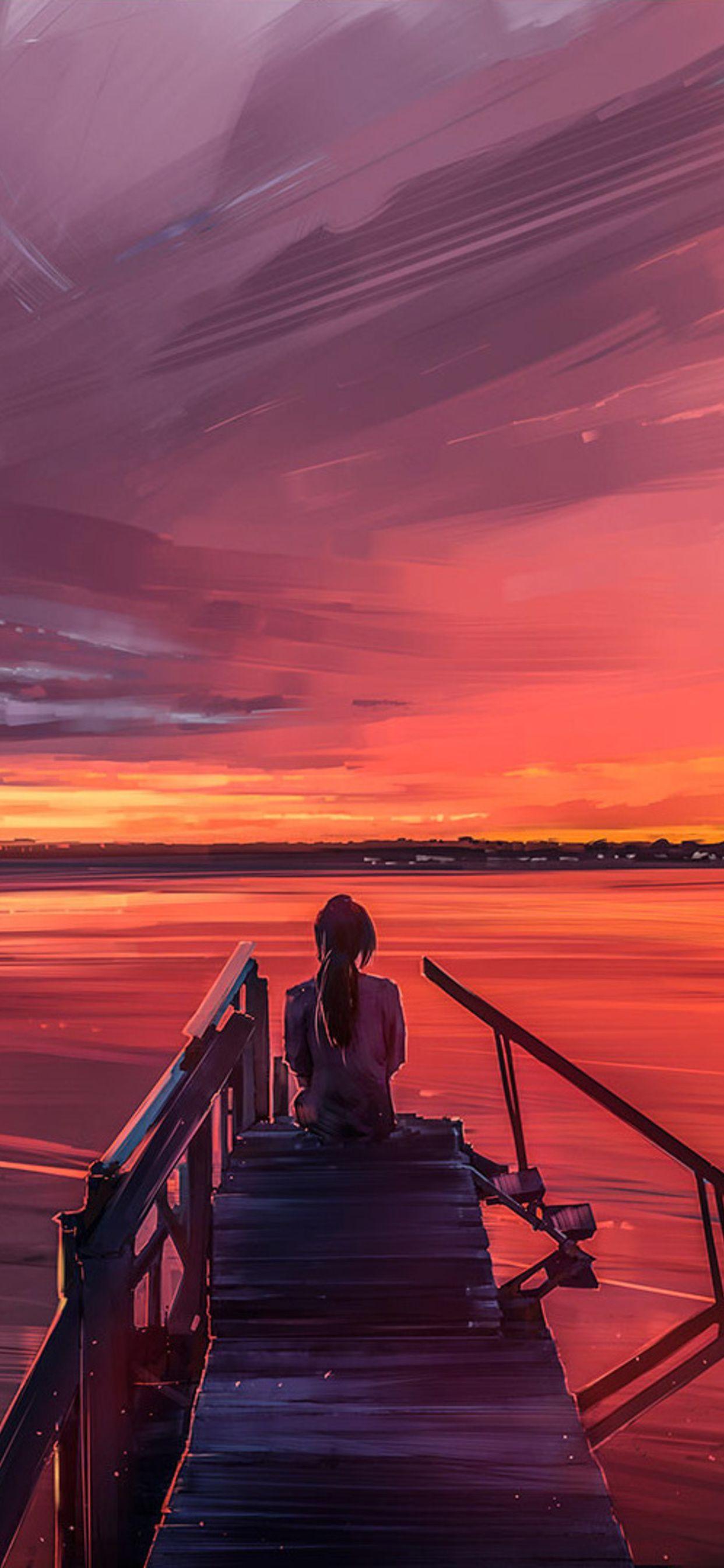 1242x2688 Alone Girl Sitting On Pier Side iPhone XS MAX HD 4k Wallpaper, Image, Background, Photo and Picture