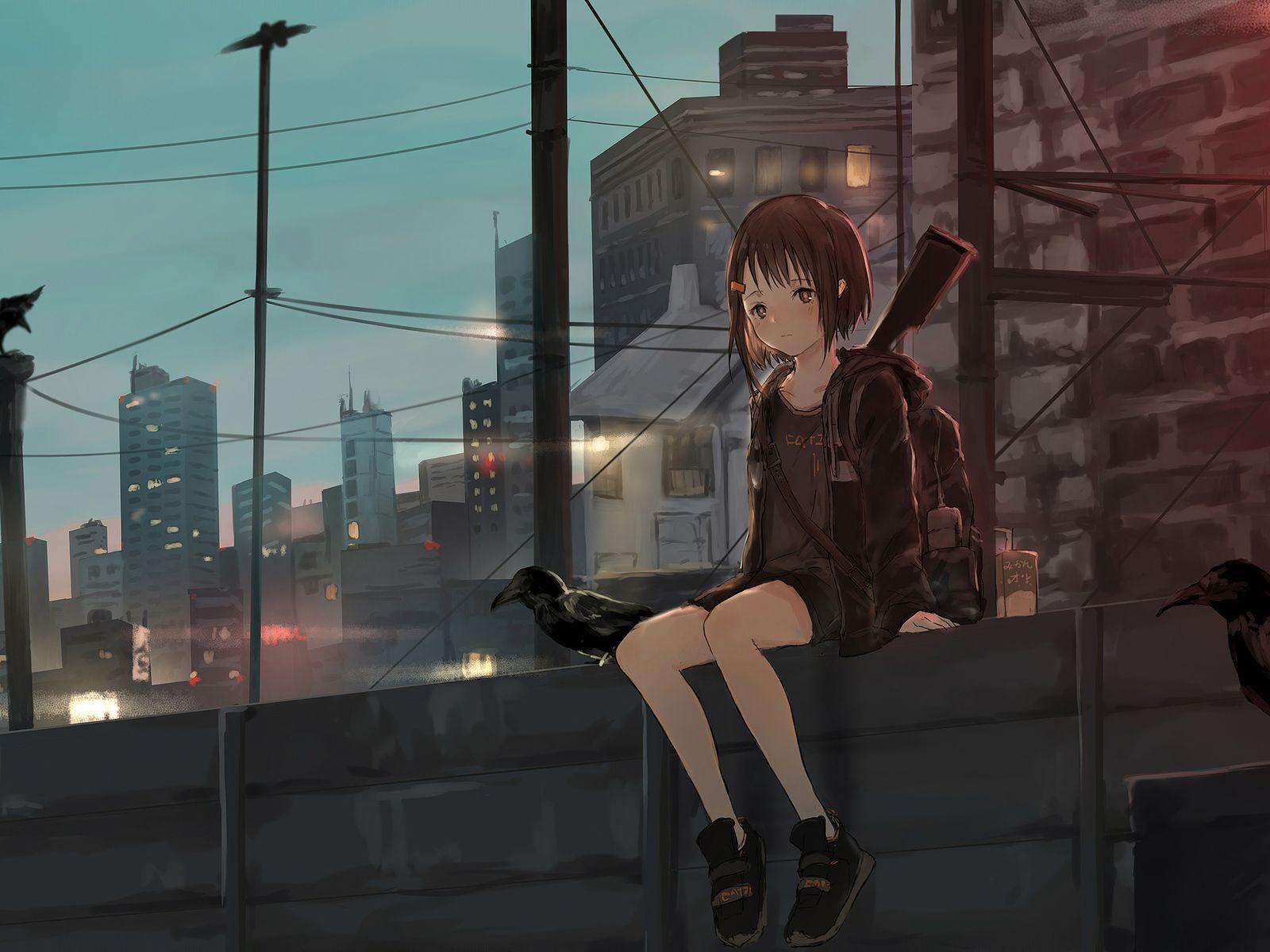 1600x1200 Anime Girl Sitting Alone Wallpaper