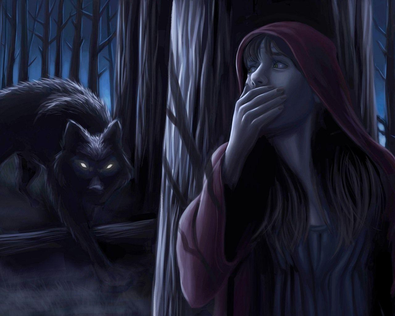 1280x1024 Wallpaper Little red riding hood, girl, wolf, night, forest, art picture 1920x1080 Full HD 2K Picture, Image