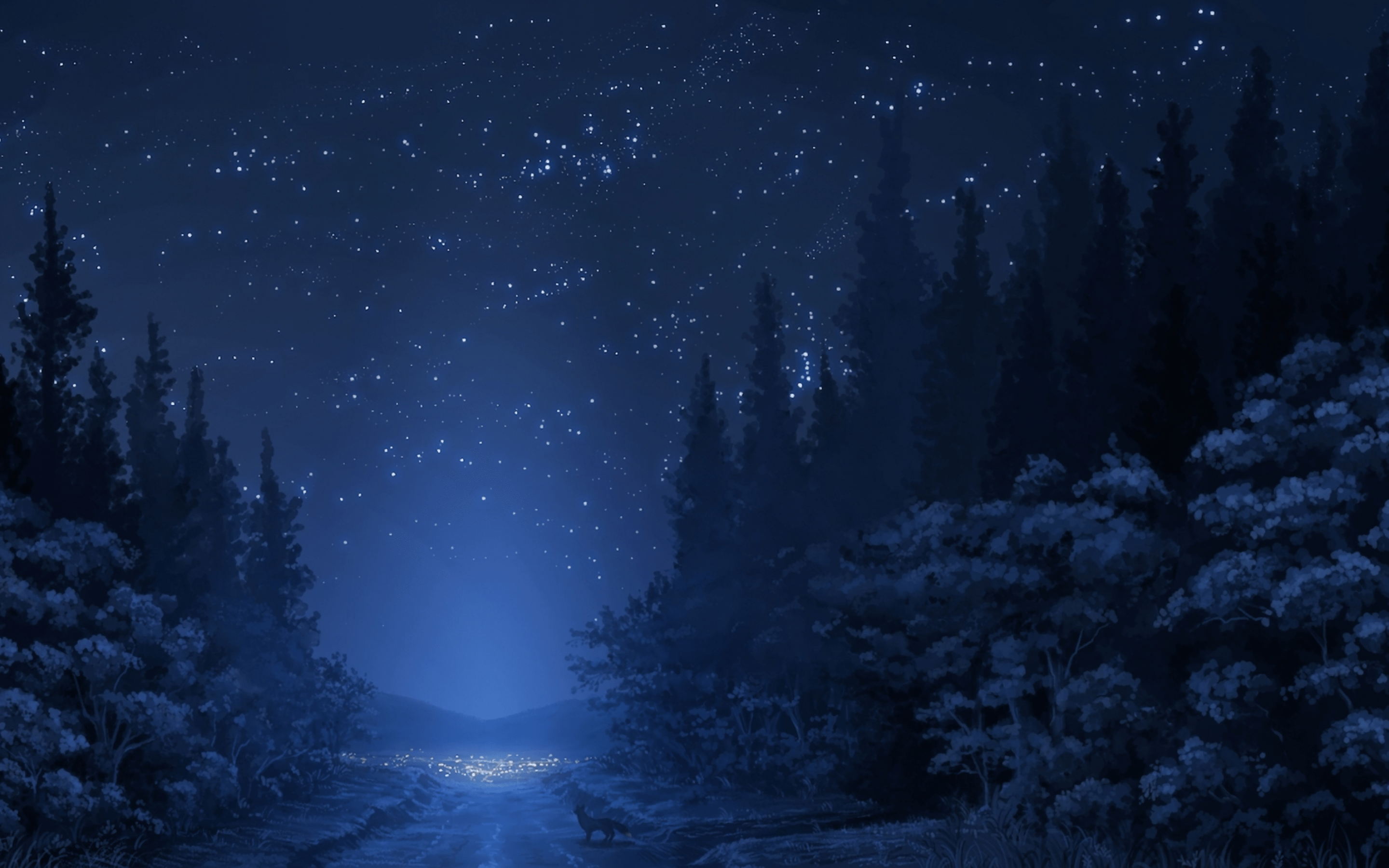 2880x1800 Anime Landscape, Forest, Night, Stars, Wolf Snow Forest Background