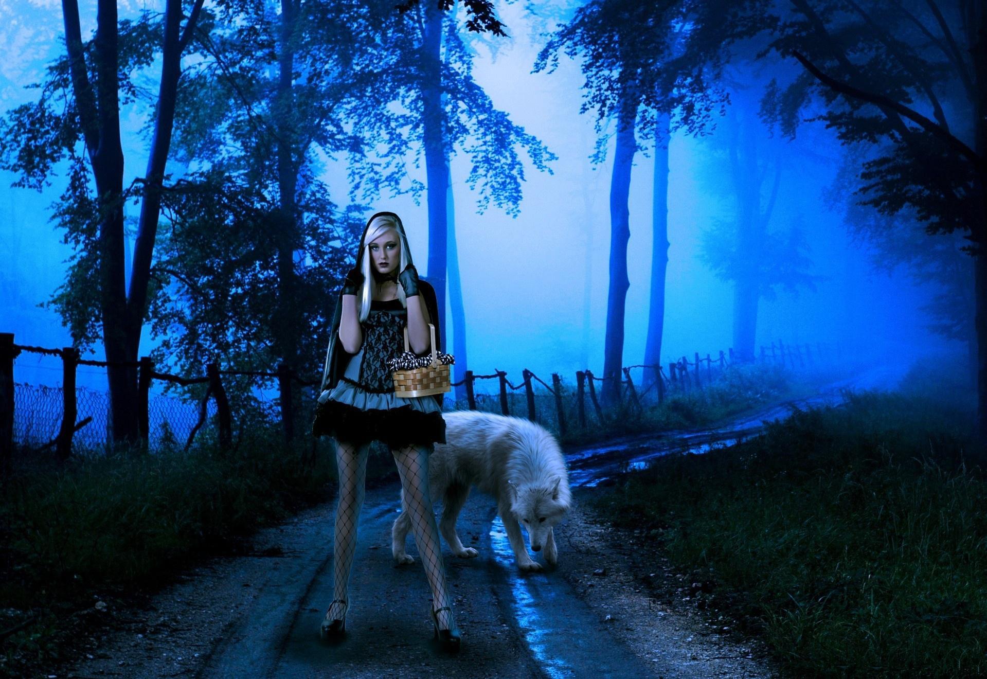 1919x1320 Hd Wolf Night Fantasy Mood Girl Girls Women Wolves In The Forest At Night HD Wallpaper