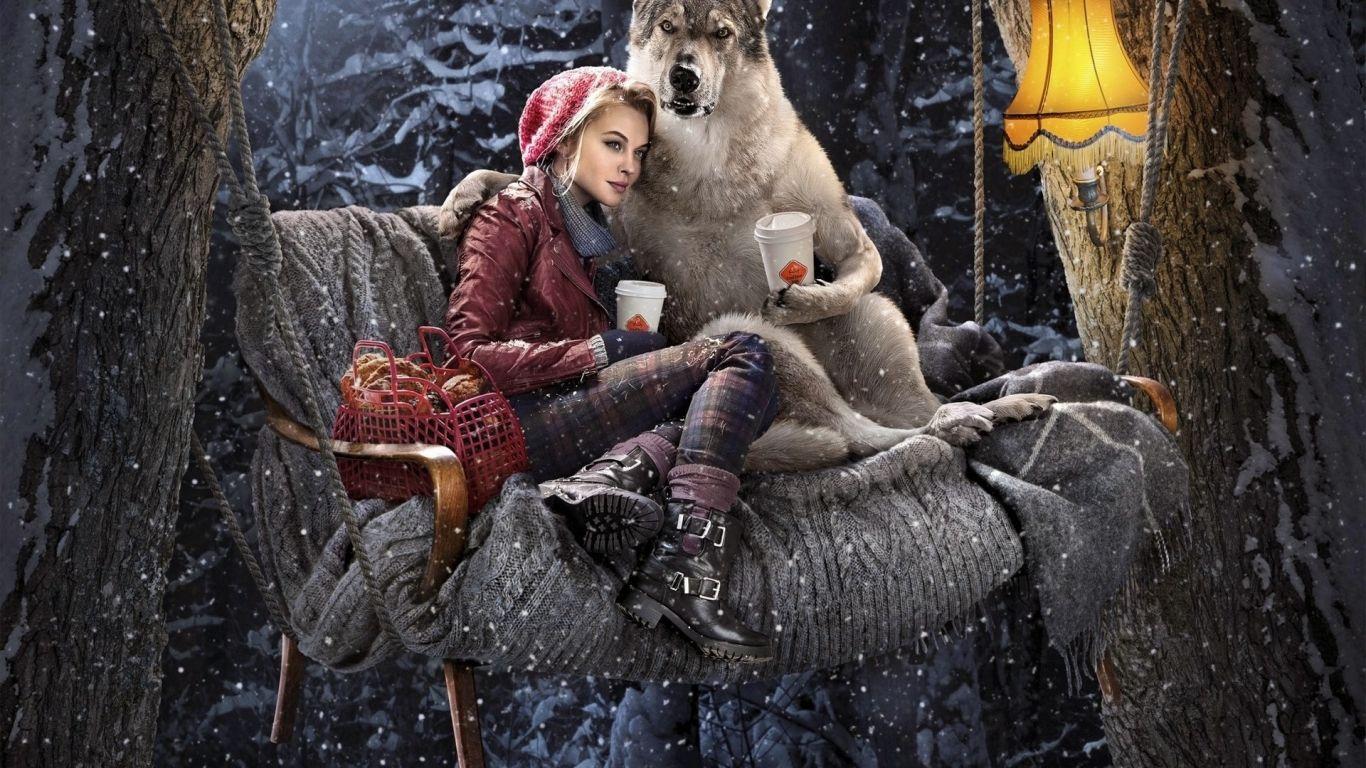 1366x768 Download Red Riding Hood, wolf, drink coffee, forest, night, tree Common Tablet wallpaper 1366x768