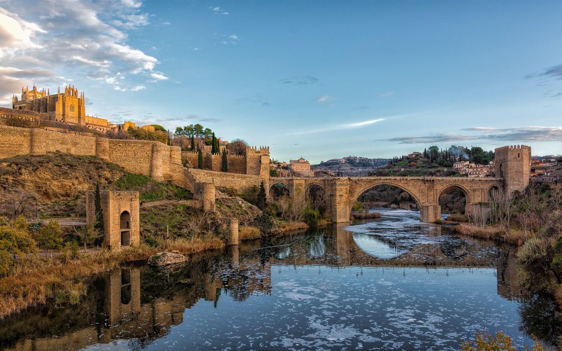 1920x1200 Wallpaper Spain, Toledo, bridge, river, city, grass 1920x1200 HD Picture, Image