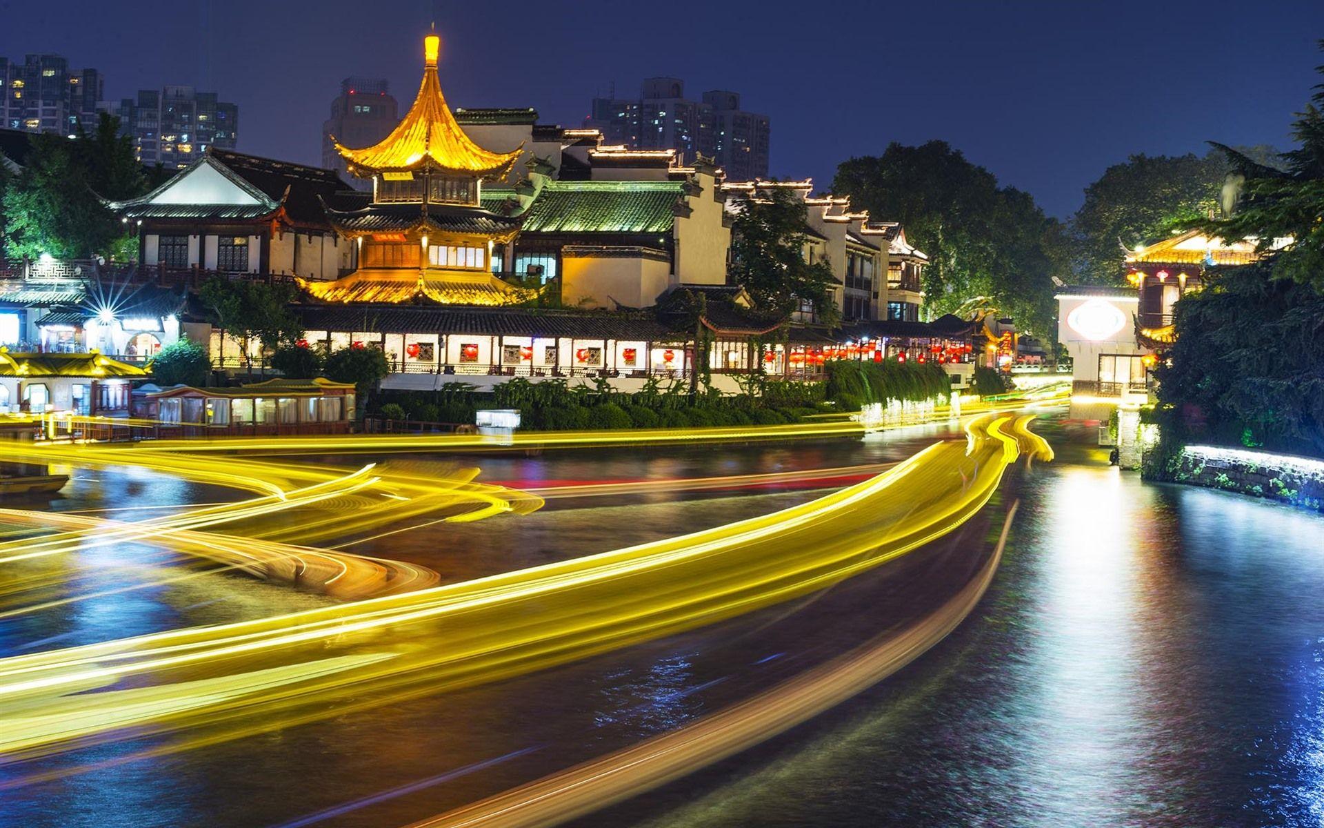 Nanjing. Циньхуай. Qinhuai River. Нанкин ночью. Китайская река Нанкинский.