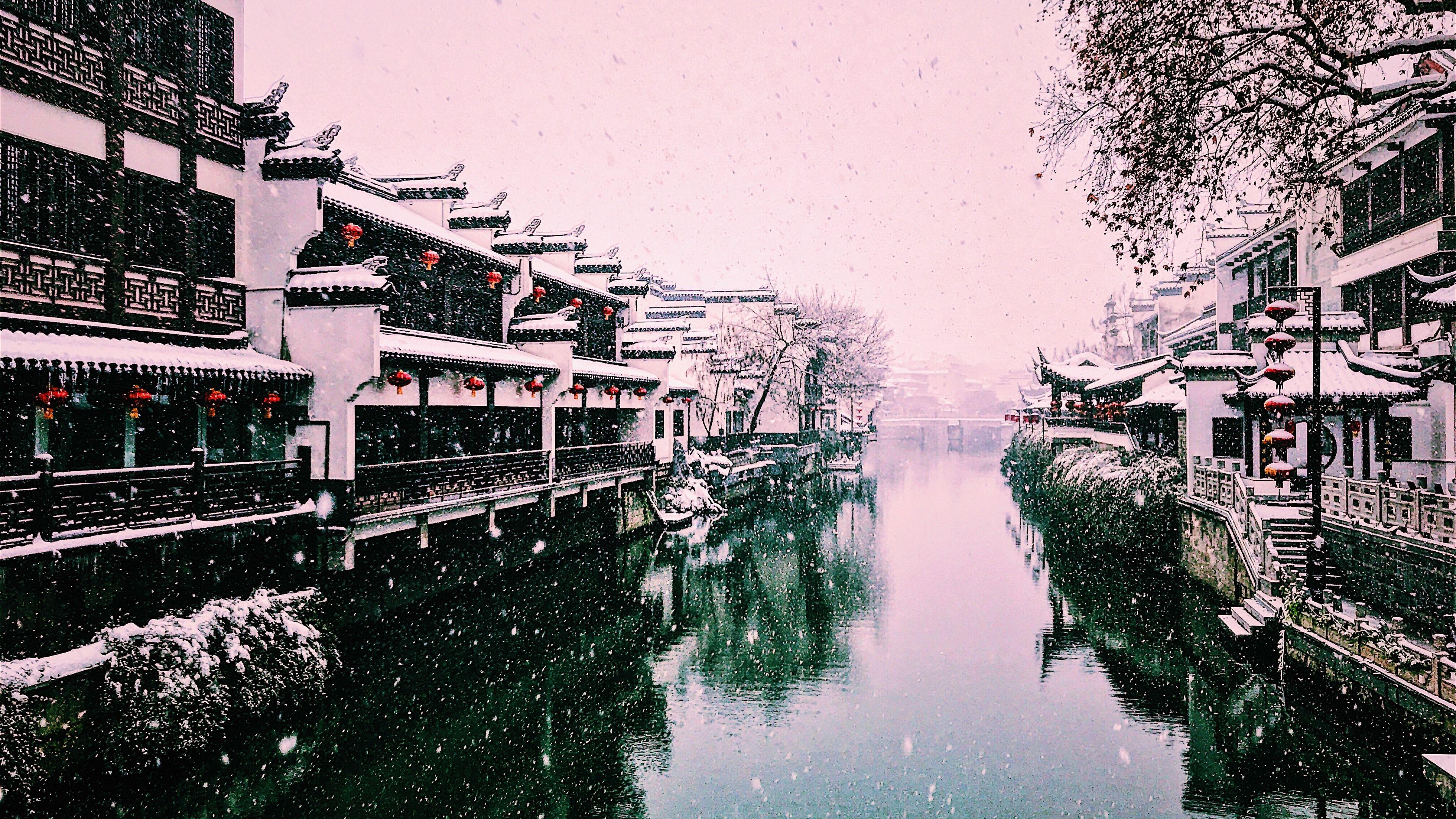 3840x2160 Wallpaper Beautiful winter, snowy, river, houses, lantern, Nanjing, China 3840x2160 UHD 4K Picture, Image