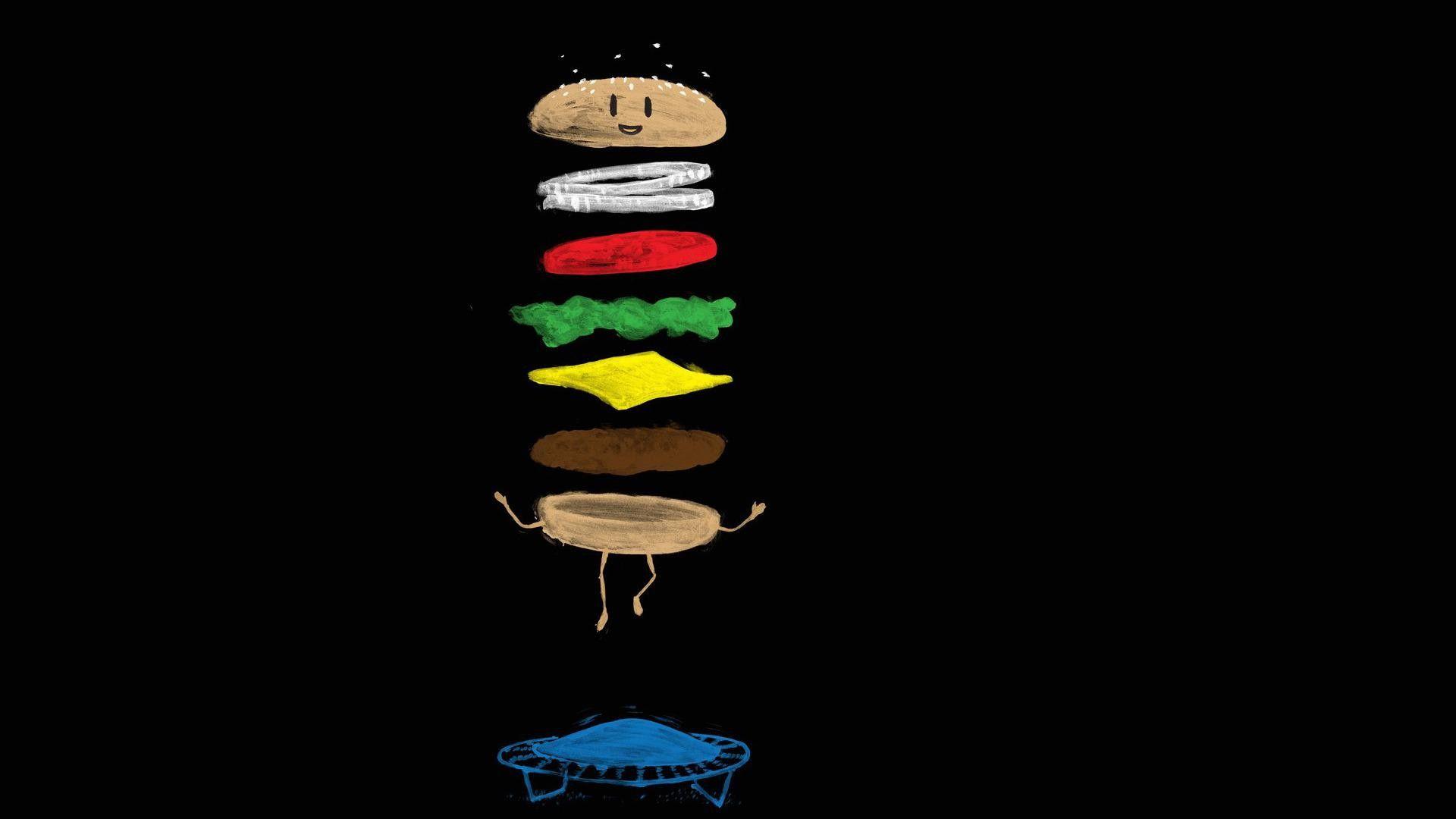 1920x1080 minimalistic, funny, hamburgers, trampoline wallpaper