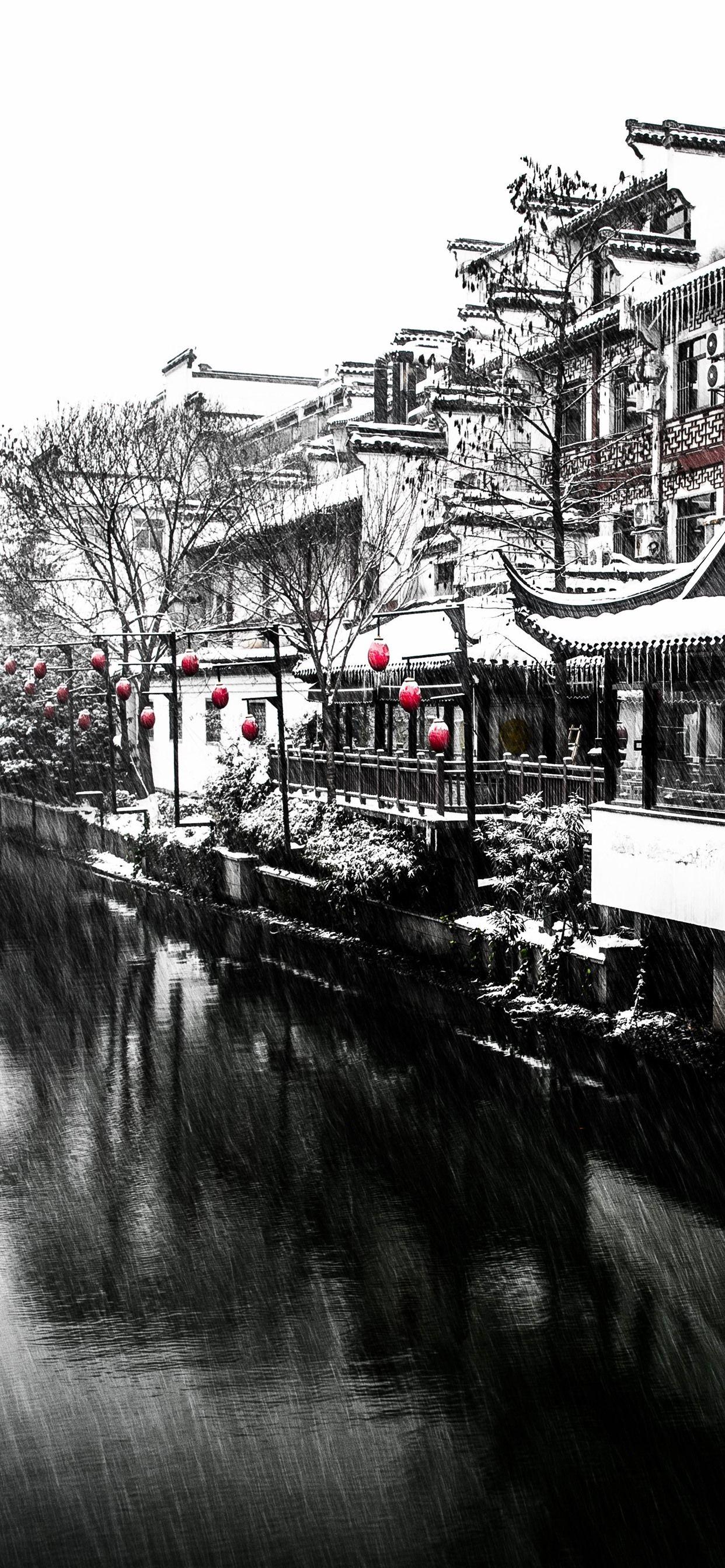 1242x2688 Nanjing, Snowing, Winter, River, House, Retro Style 1242x2688 IPhone 11 Pro XS Max Wallpaper, Background, Picture, Image