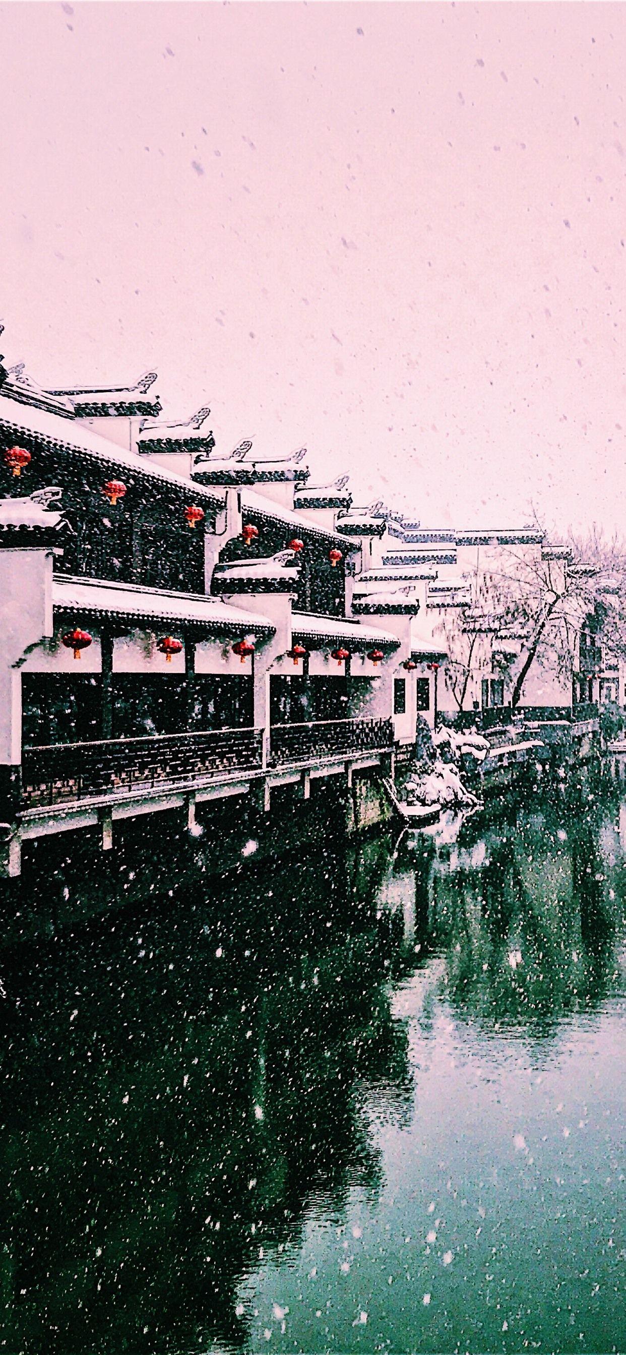 1242x2688 Beautiful Winter, Snowy, River, Houses, Lantern, Nanjing, China 1242x2688 IPhone 11 Pro XS Max Wallpaper, Background, Picture, Image
