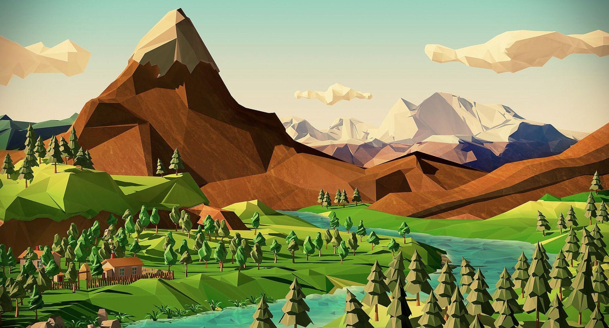 2122x1144 nature, Landscape, Fantasy Art, Low Poly Wallpaper HD / Desktop and Mobile Background