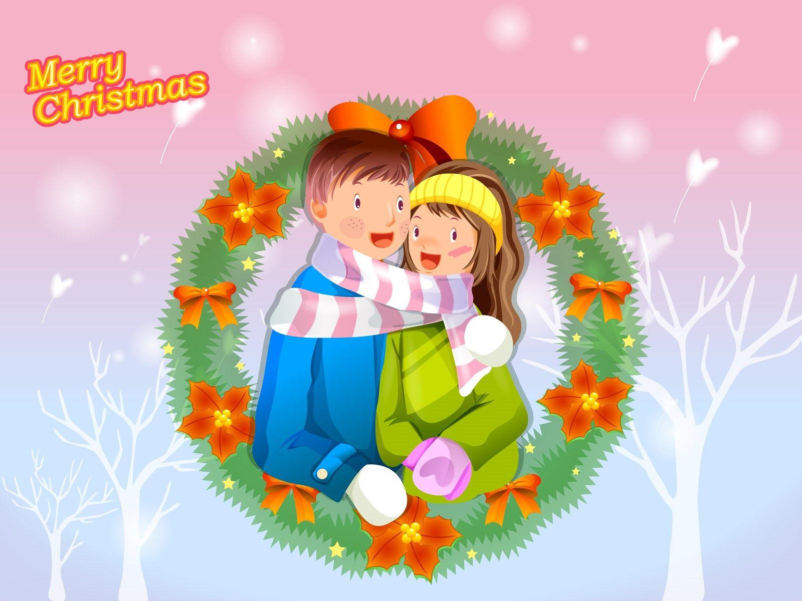 1600x1200 Merry Christmas Cute Catoon Couple Wallpaper