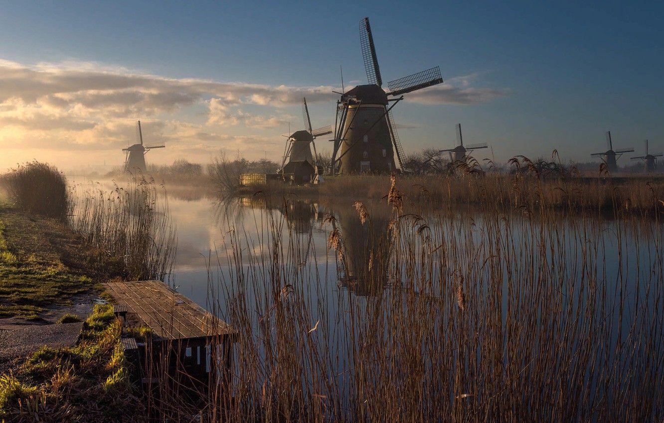 1332x850 Wallpaper grass, landscape, nature, fog, river, morning, mill, Netherlands, Bank, Holland, mostok image for desktop, section пейзажи