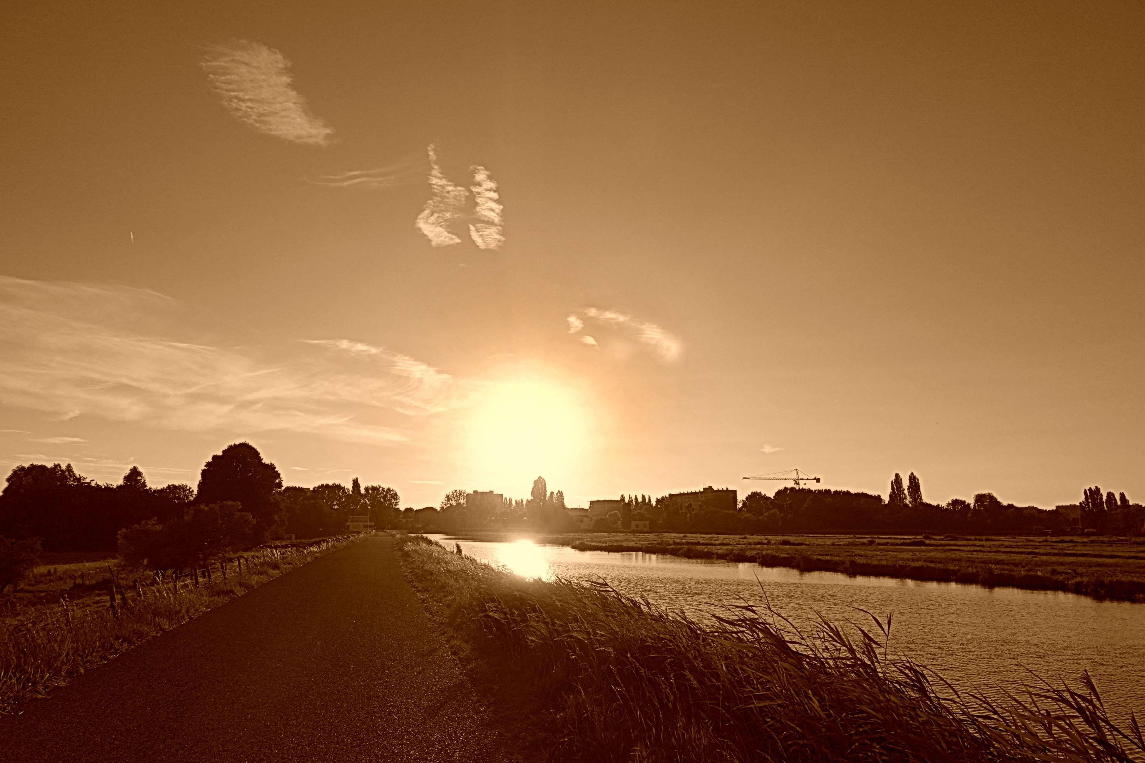 3840x2560 dusk, evening, holland, landscape, monochrome, pink, sepia, silhouette, sky, sun, sunset, water 4k wallpaper