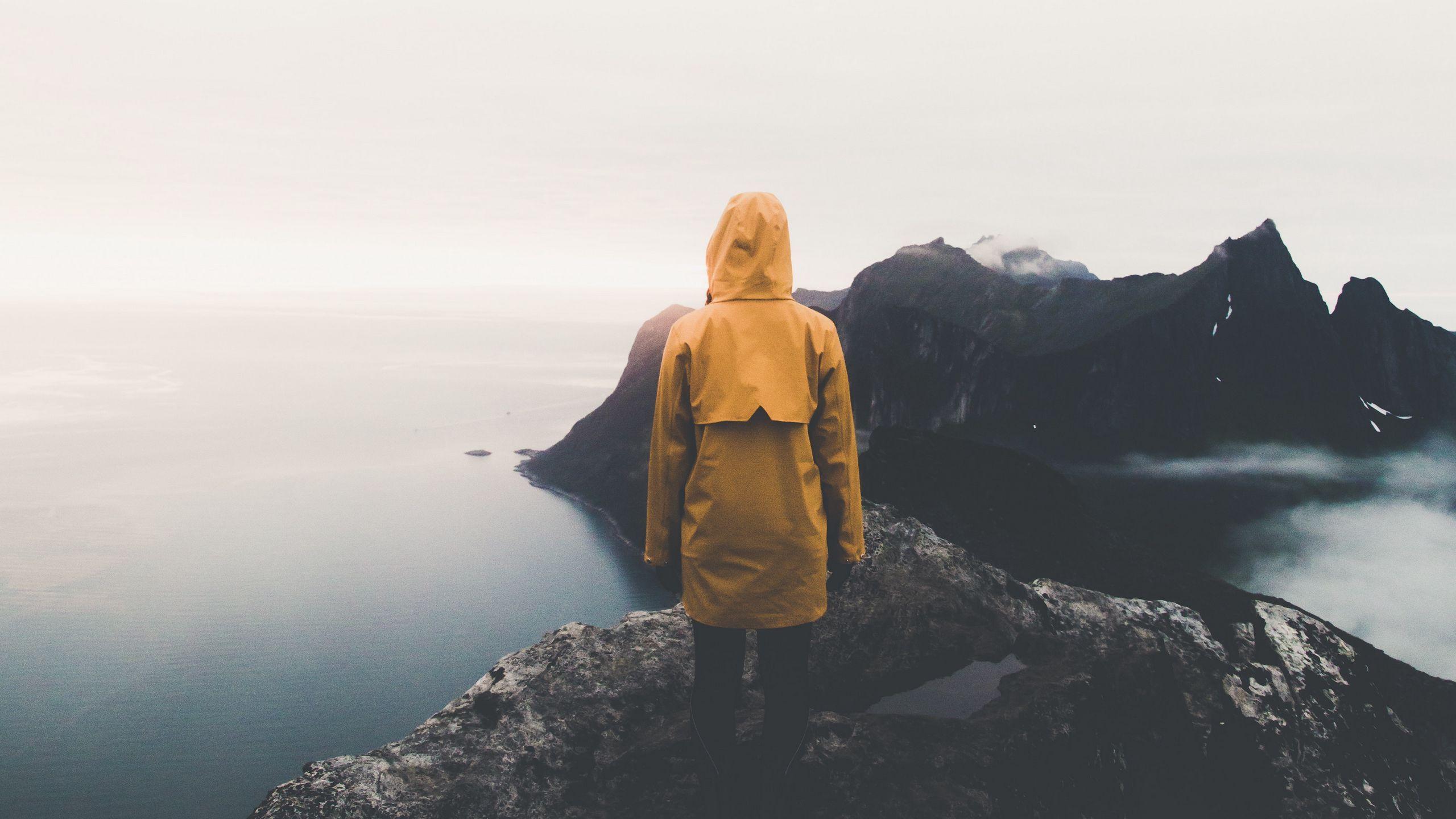 2560x1440 Download wallpaper 2560x1440 mountains, loneliness, hood, fog, solitude, alone, senja, norway widescreen 16:9 HD background