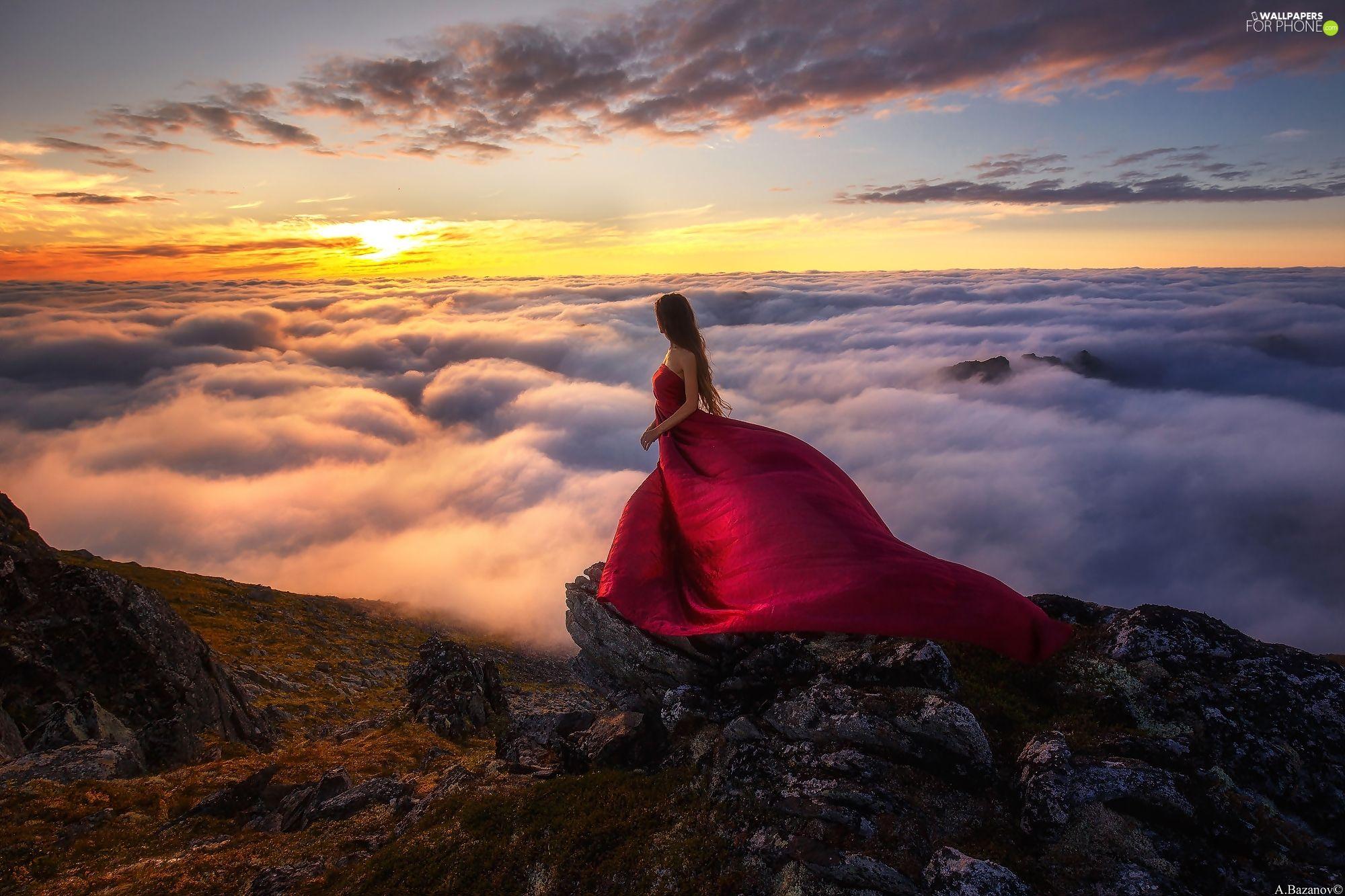 2000x1333 Mountains, Fog, Dress, Sunrise, red hot, Senja Island, Norway, Women phone wallpaper: 2000x1333