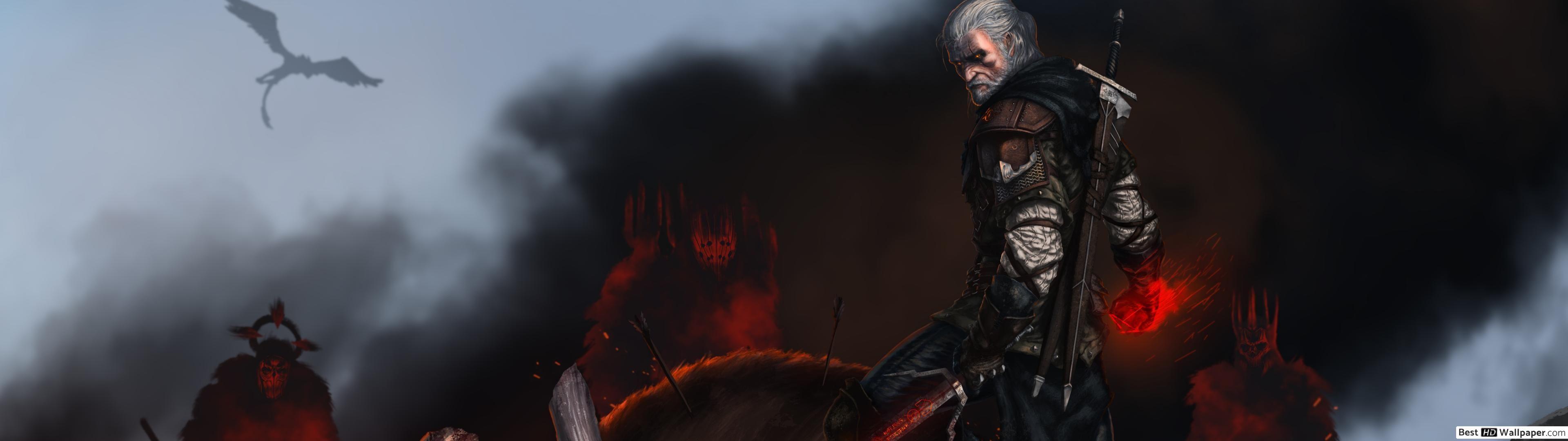 3840x1080 The Witcher 3 Hunt (Geralt of Rivia and monster fight) HD wallpaper download