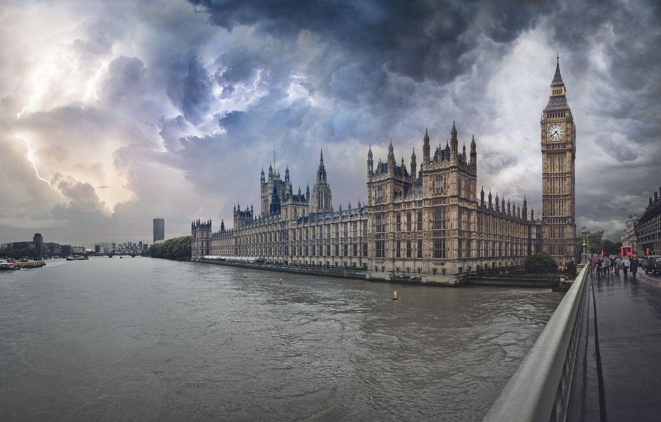 1332x850 Wallpaper the storm, bridge, river, lightning, London, Big Ben, Westminster Abbey image for desktop, section город