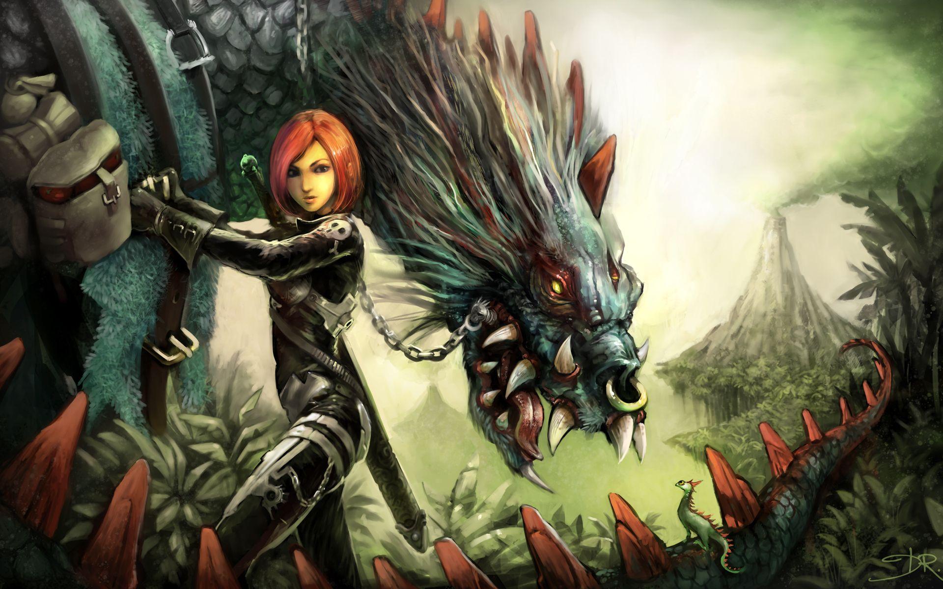 1920x1200 Wallpaper warrior female Fantasy Magical animals 1920x1200
