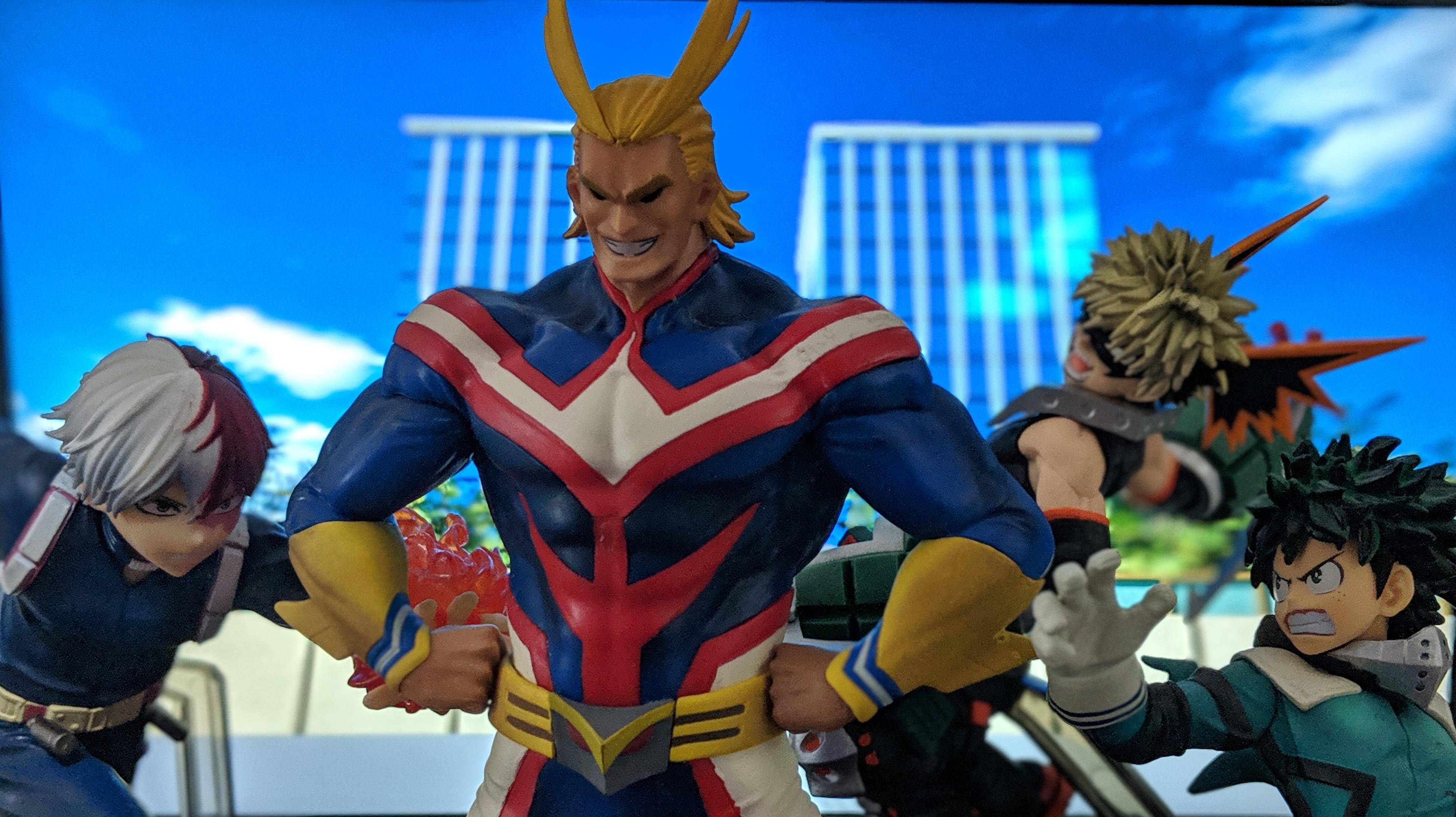 3889x2182 I took a pic of my Boku No Hero Academia figurine collections with my laptop wallpaper in the background