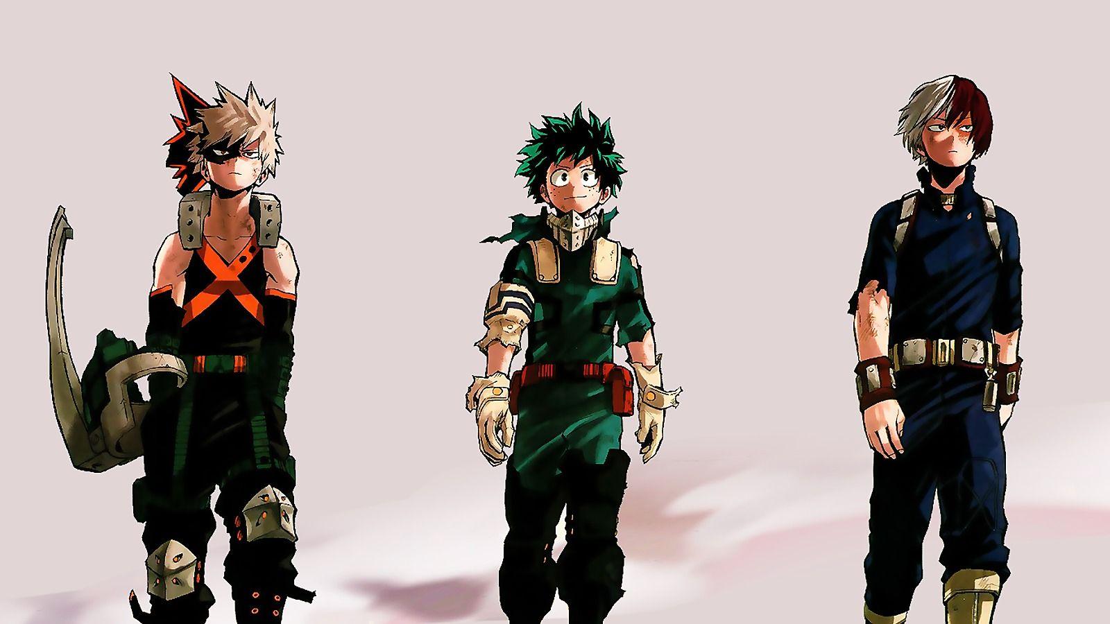 1600x900 Download wallpaper from anime My Hero Academia with tags: Laptop, Boku no Hero Academia, Izuku Midoriya, Katsuki Bakugou, My Hero Academia, Shouto Todoroki