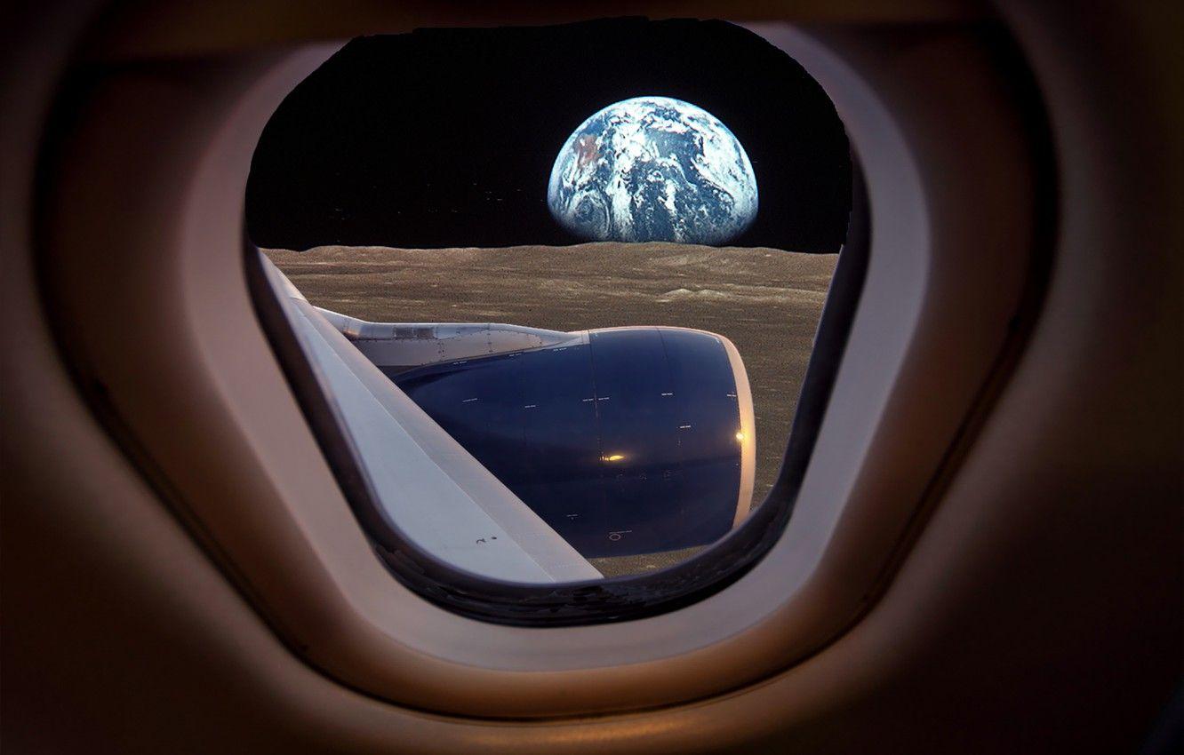 1332x850 Wallpaper the plane, the moon, the window, moon, airplane, under the wing image for desktop, section авиация