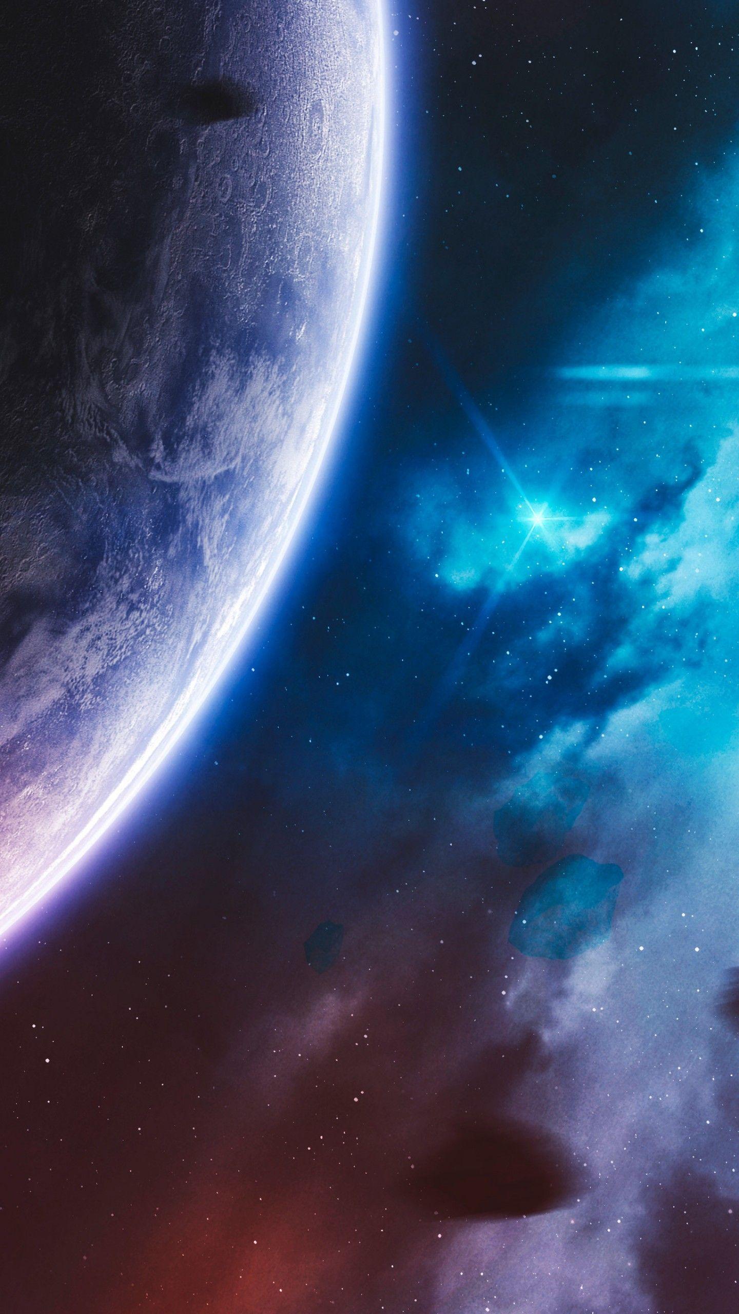 1440x2560 Purple Planet 4K Wallpaper, Cosmos, Stars, Blue Galaxy, Asteroids, Space