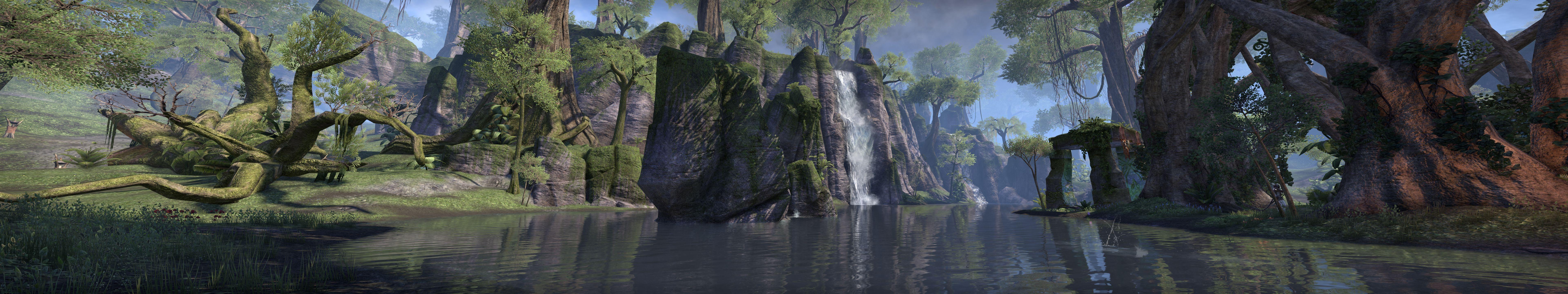 7680x1440 The Elder Scrolls Online Quadruple Monitors Water Forest Lake Ruin Wallpaper:7680x1440