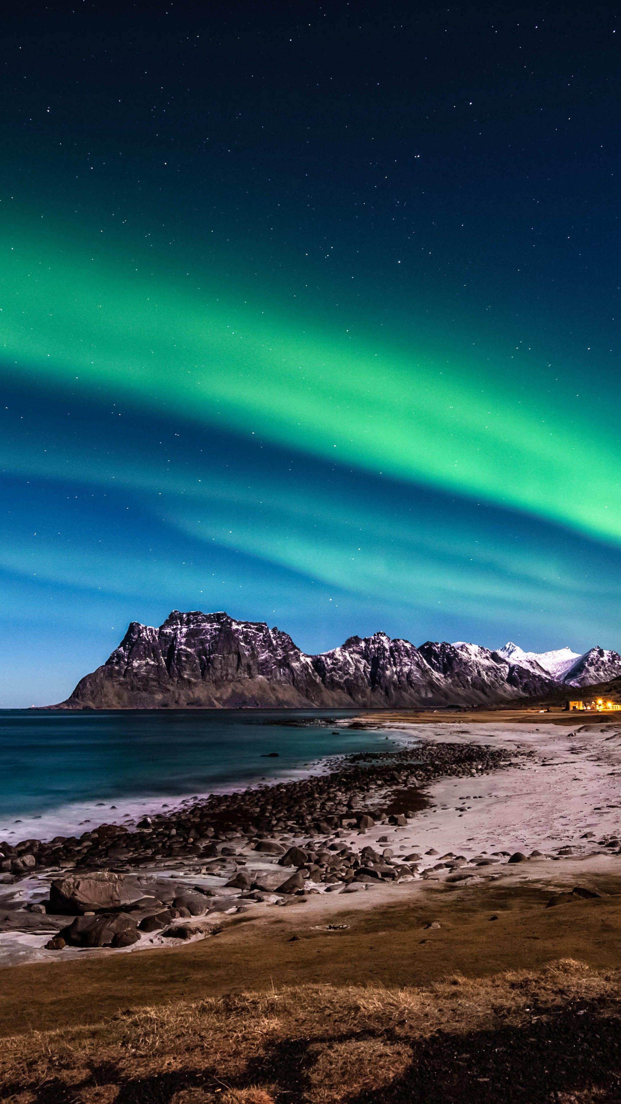 2160x3840 Wallpaper Norway, 5k, 4k wallpaper, HD, Lofoten islands, Mountains, sea, shore, night, northern lights, stars, Nature