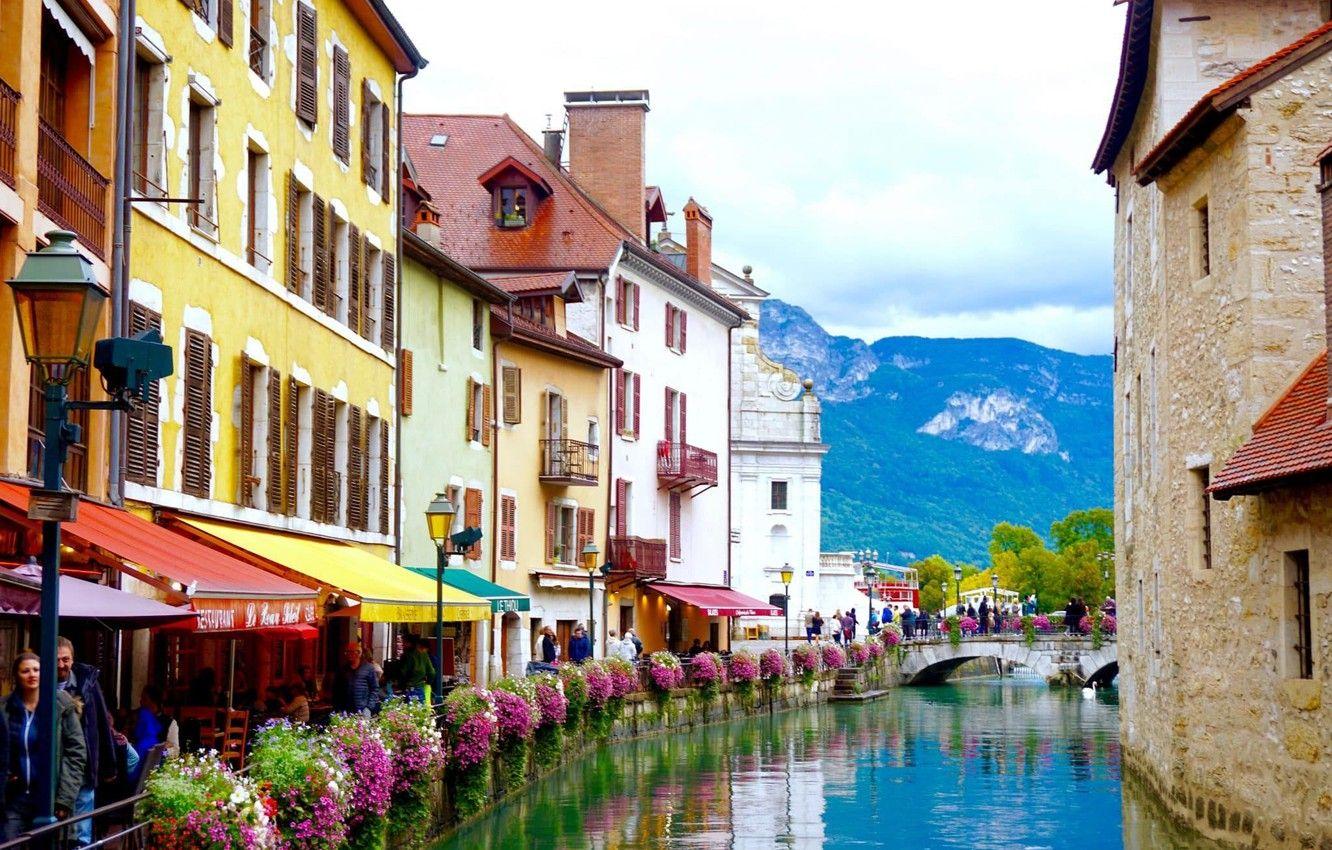 1332x850 Wallpaper flowers, mountains, river, France, home, Alps, Annecy image for desktop, section город
