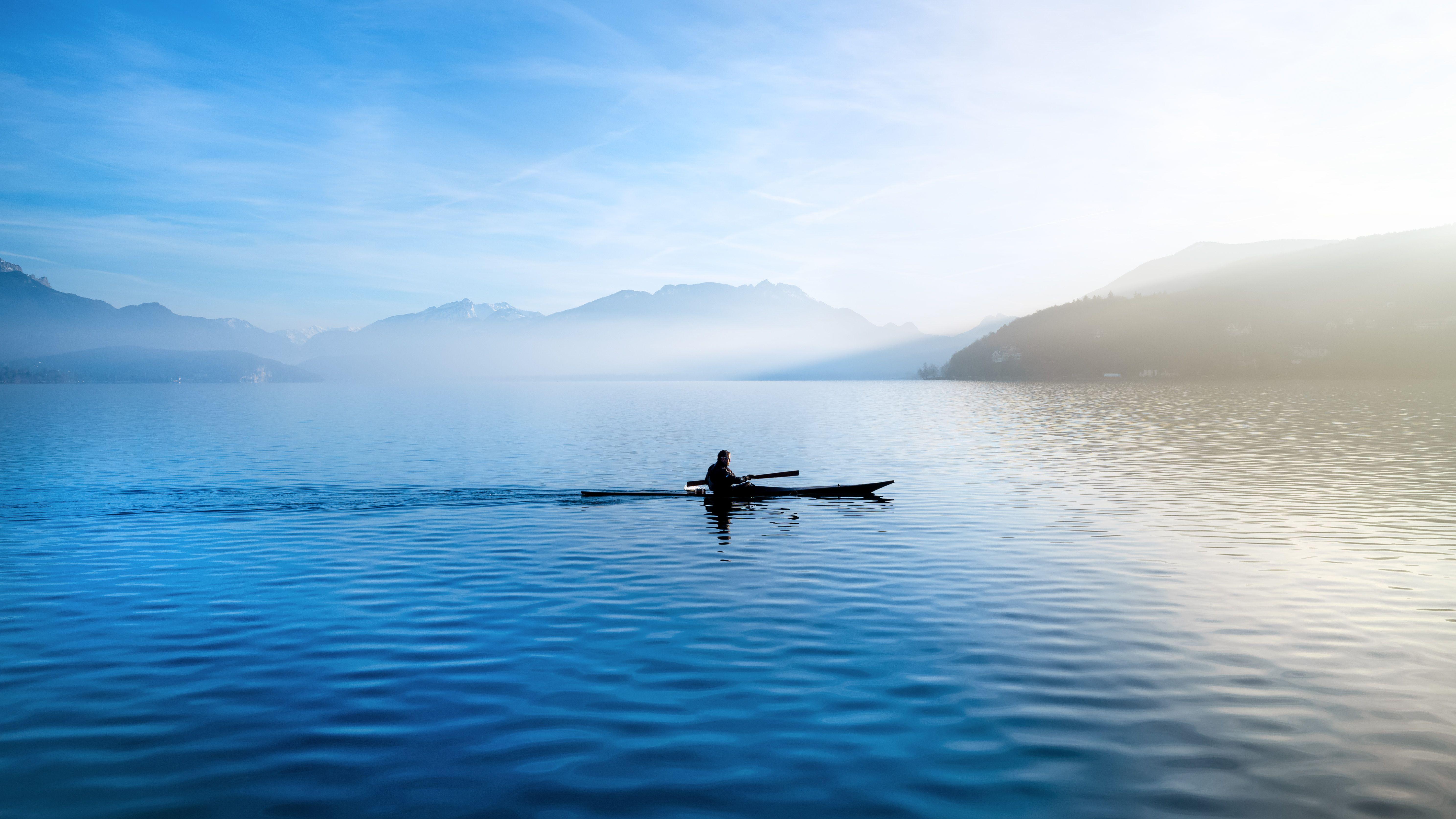 5952x3348 Annecy feeds 4K Wallpaper, France, Lake, Glider, Sailor, River, Waterfront, Mountains, Landscape, World