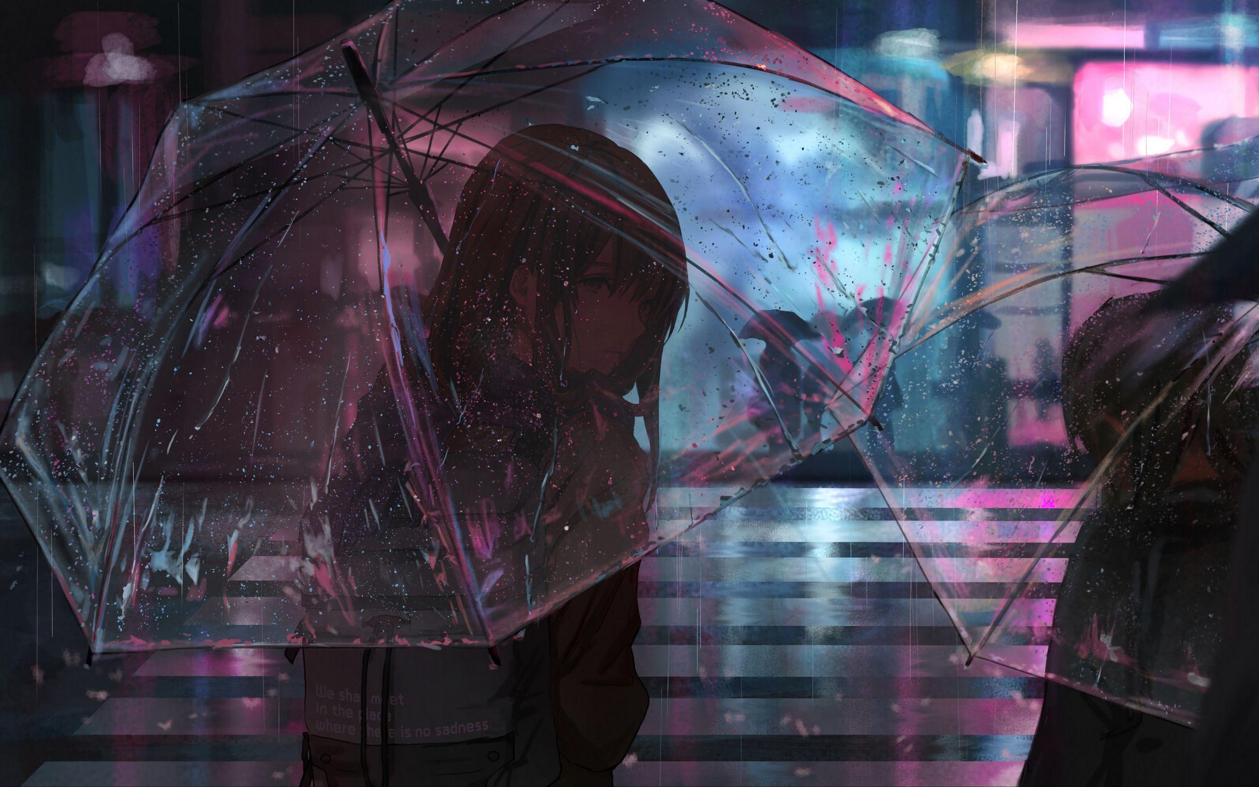 2560x1600 Download wallpaper 2560x1600 girl, umbrella, anime, rain, street, night widescreen 16:10 HD background