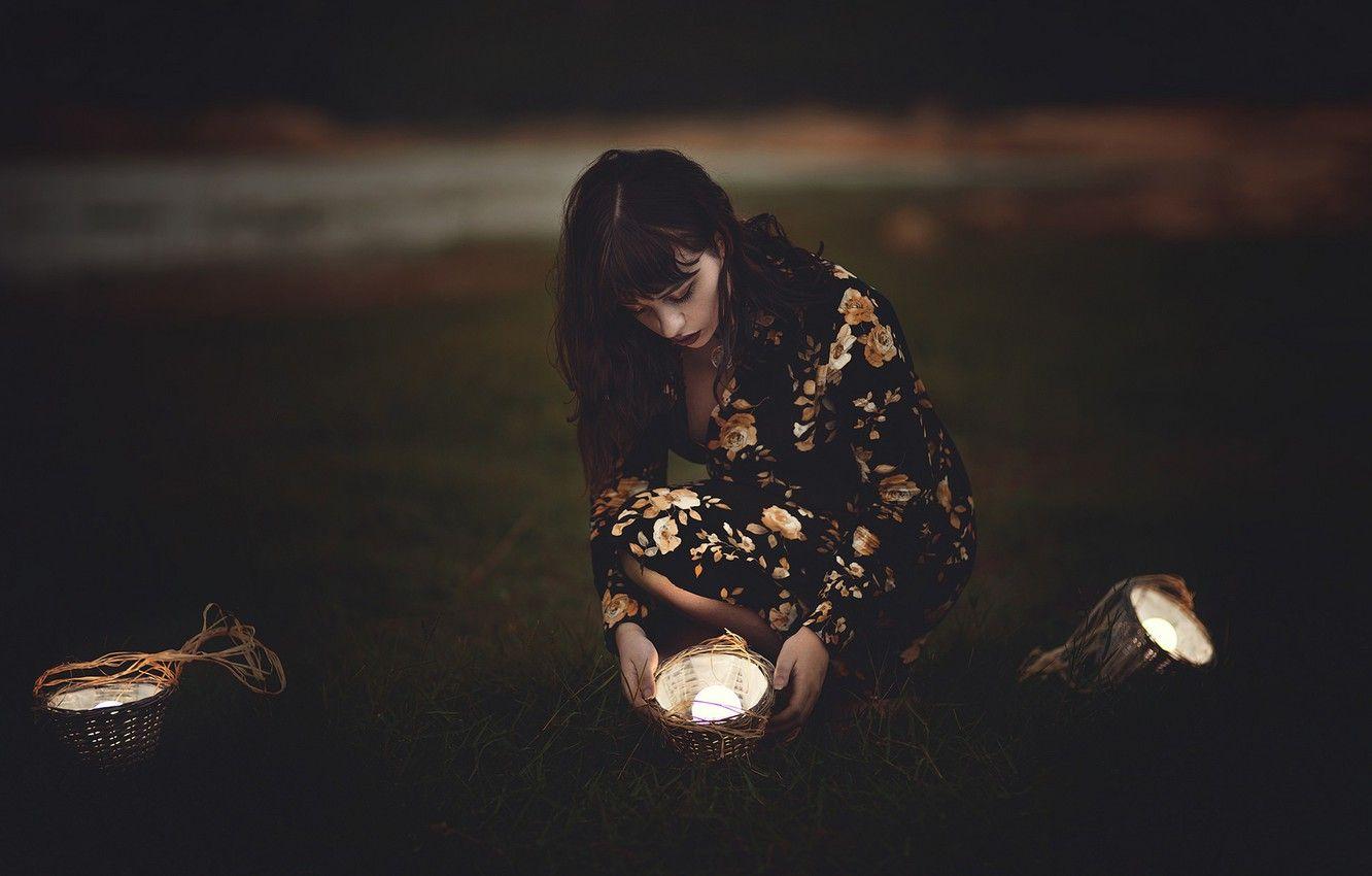 1332x850 Wallpaper girl, light, darkness, dress, light bulb, baskets, squat image for desktop, section настроения