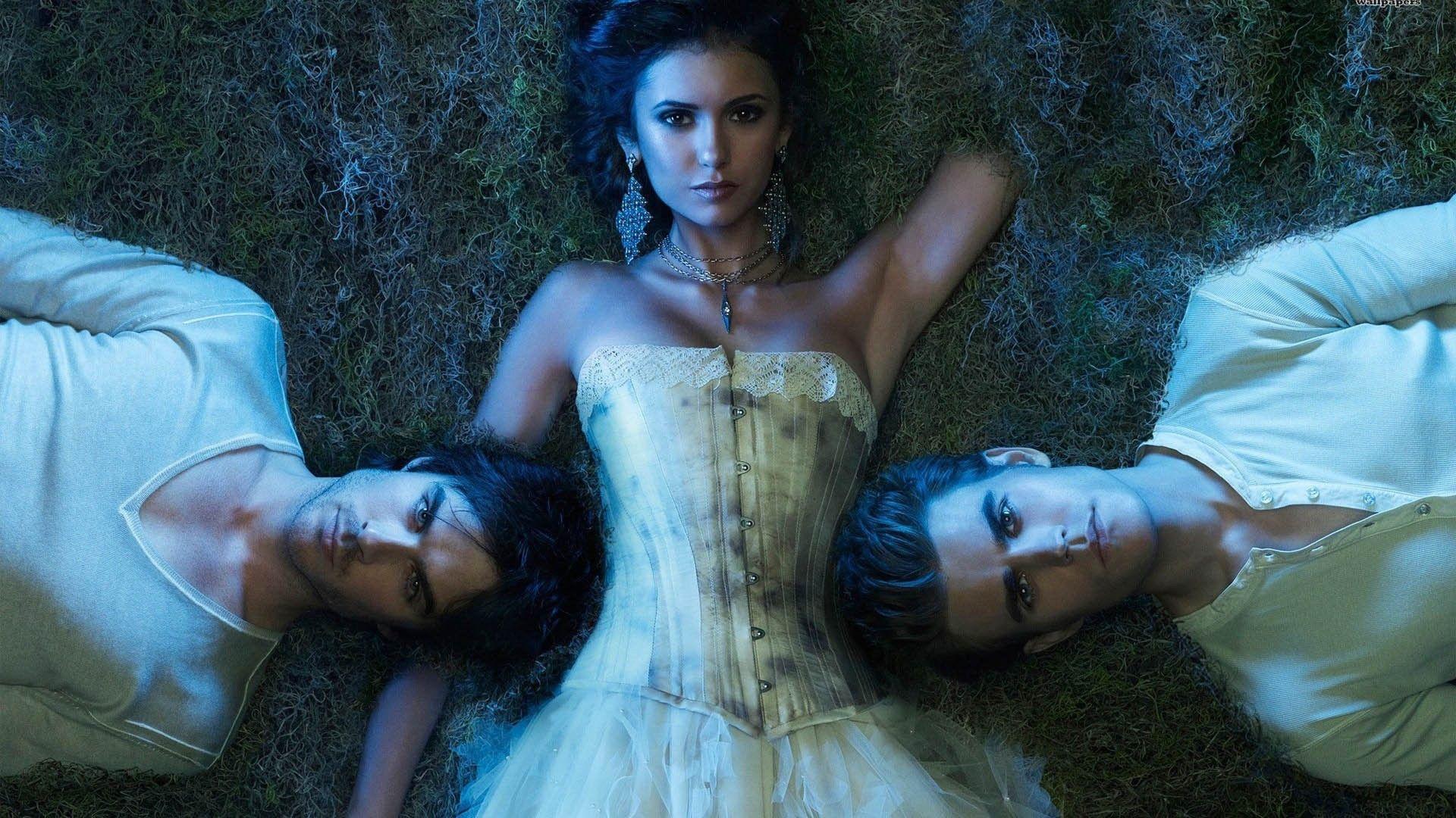 1920x1080 Damon Salvatore Stefan Salvatore Elena Gilbert Lying Down On Green Grass HD The Vampire Diaries Wallpaper