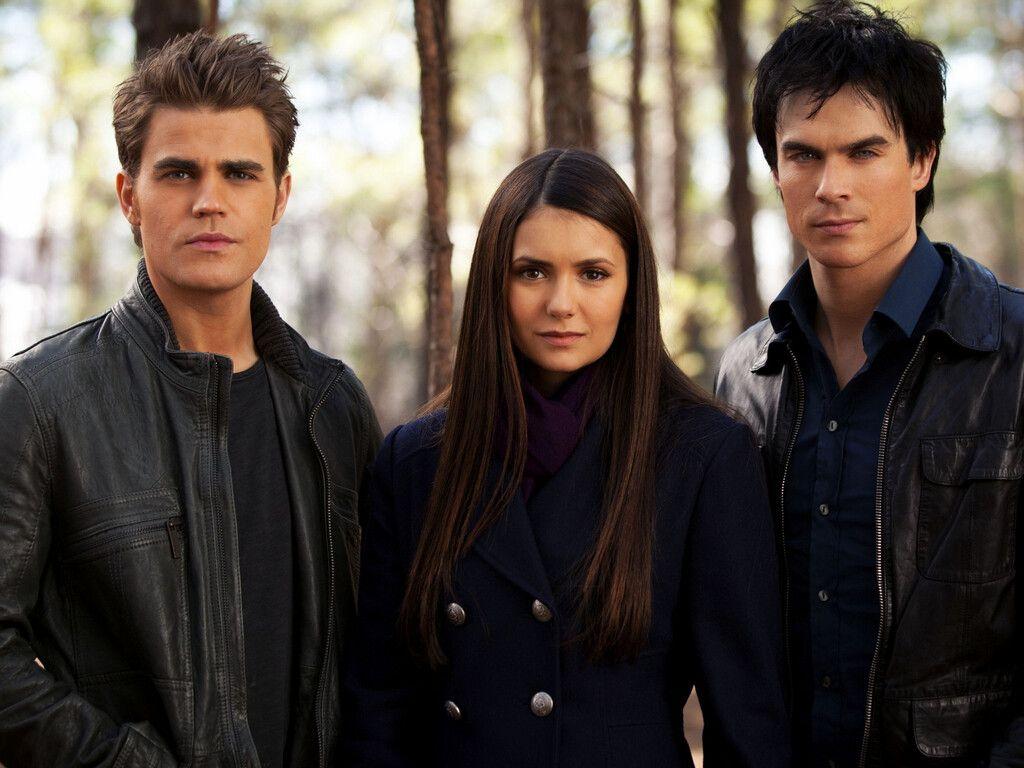 1024x768 Elena Gilbert Stefan and Damon Salvatore The Vampire Diaries