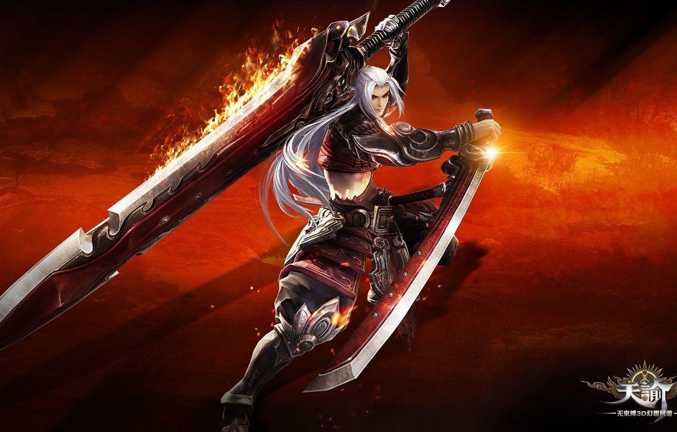 1332x850 Wallpaper fire, red, flame, sword, game, online, ken, blade, warrior, spark, Revelation Online, silver fox, chinese game image for desktop, section игры