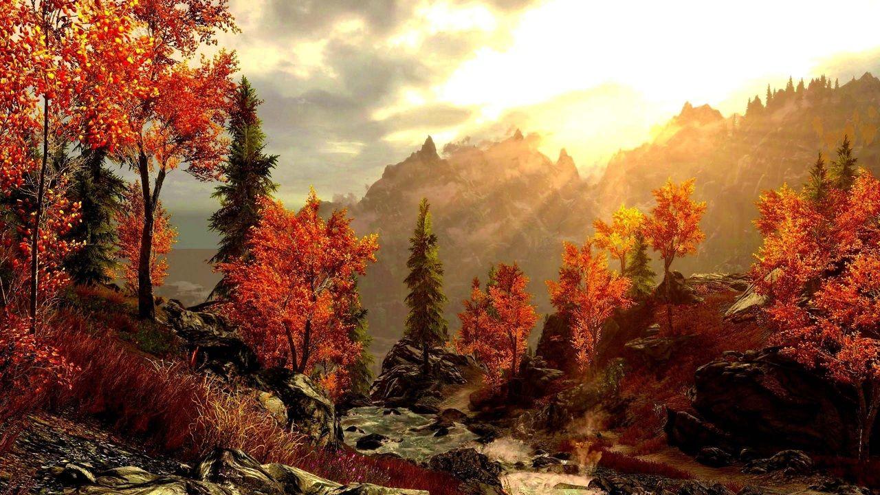 1280x720 painting, art, forest, mountains, beautiful, painting, picture, autumn desktop wallpaper 112764