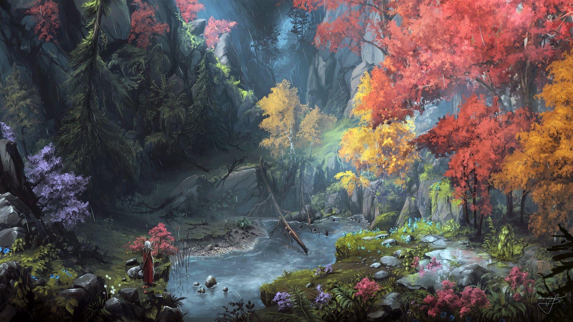 1920x1080 Wallpaper Fantasy art painting, mountains, trees, autumn 2560x1600 HD Picture, Image