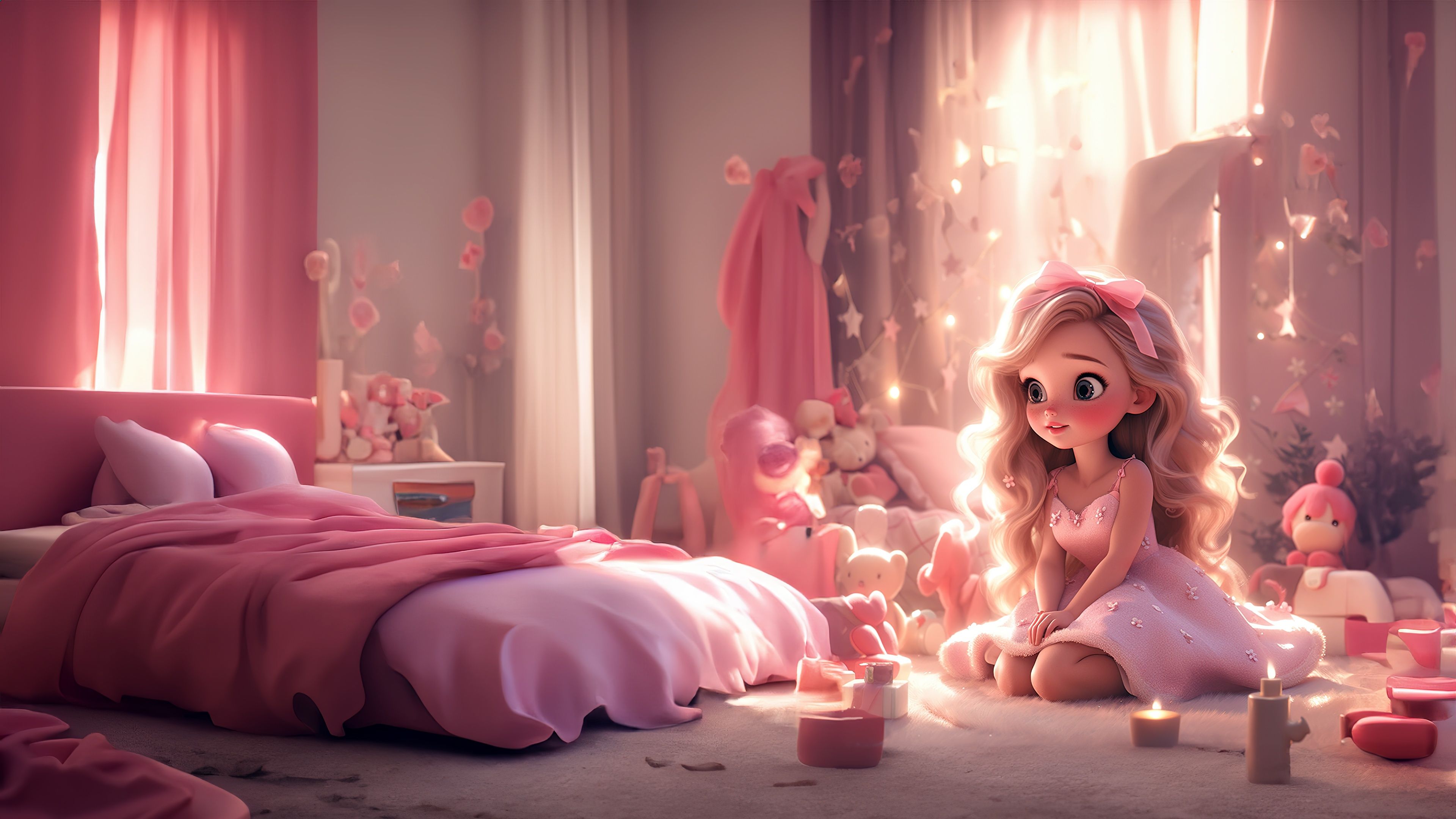 3840x2160 Wallpaper room, cute, cute girl, Barbie, AI Art, Girly background, Pink aesthetic for mobile and desktop, section ии арт, resolution 3840x2160