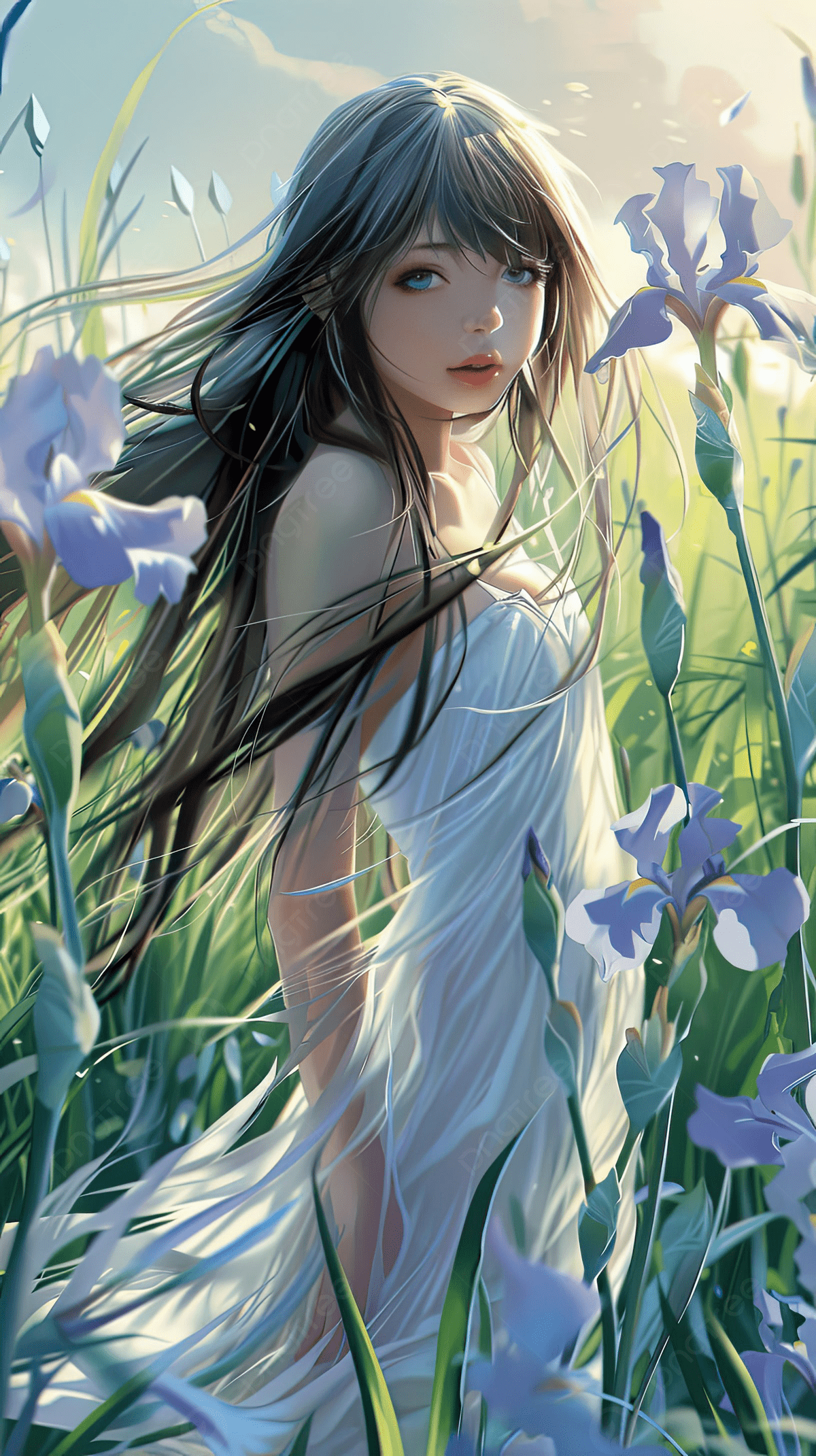1200x2141 Wallpaper Cute Young Anime Girl In A Dress Surrounded By Irises Generate Ai Background Wallpaper Image For Free Download