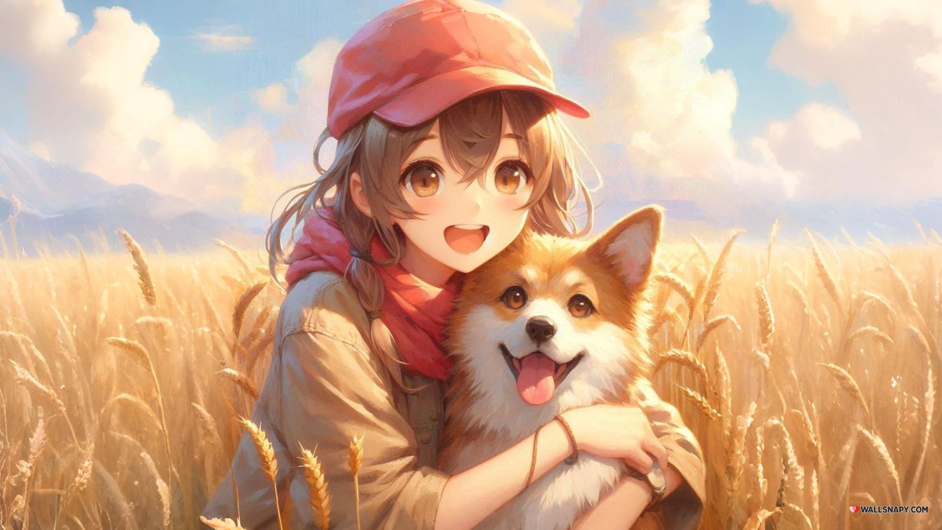 1920x1080 Anime ai wallpaper HD girl hug dog desktop
