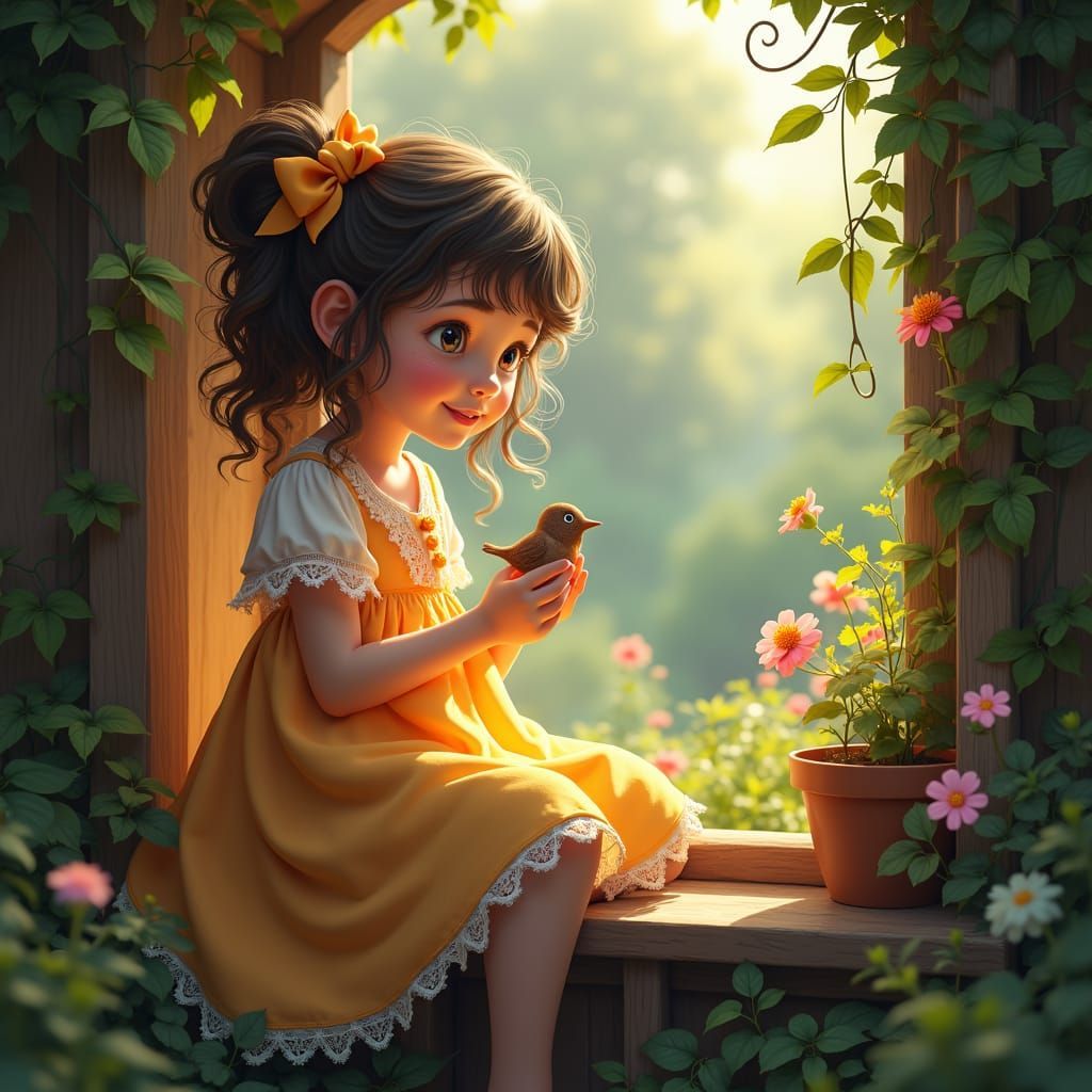 1024x1024 a cute girl and on the house on Cottage Window in D
