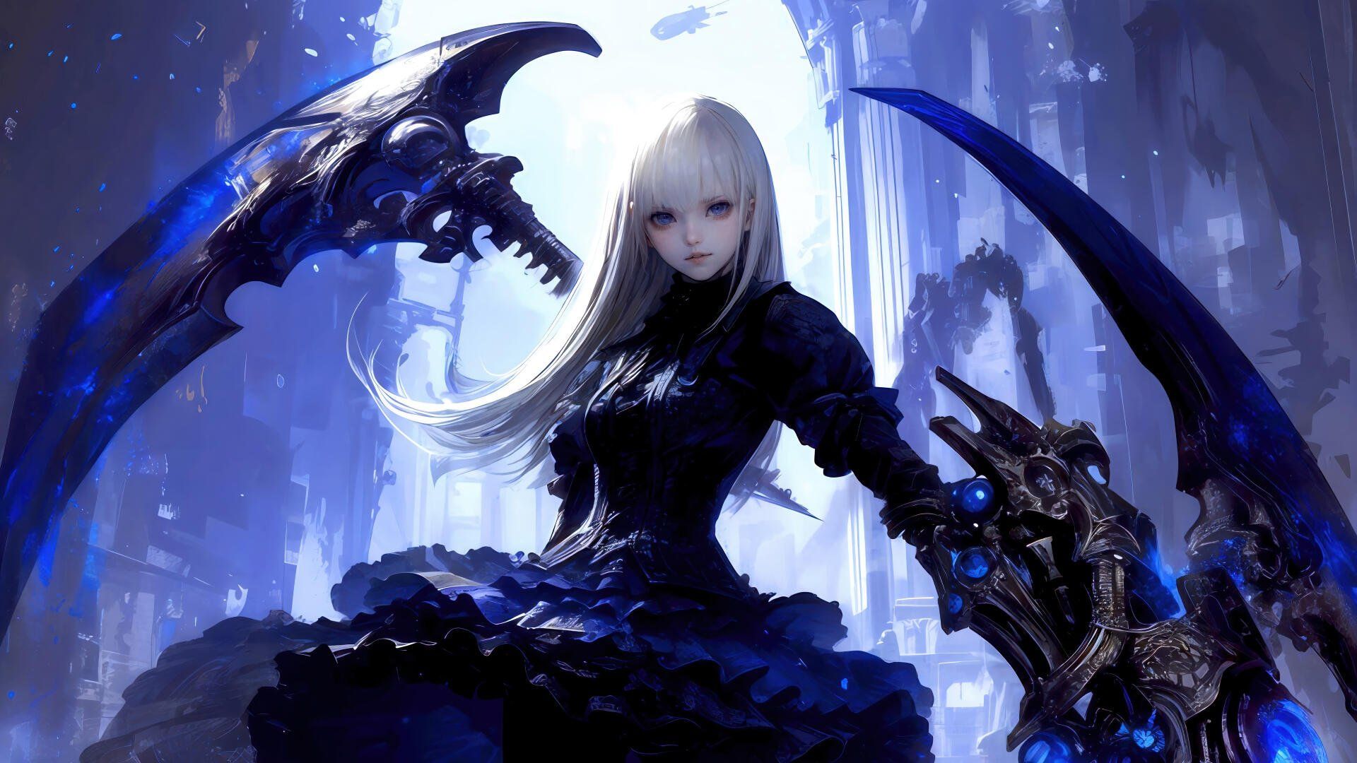 1920x1080 4K Ultra HD Fantasy Anime Girl with Scythe in Blue Aura by AIで宇宙するx2160