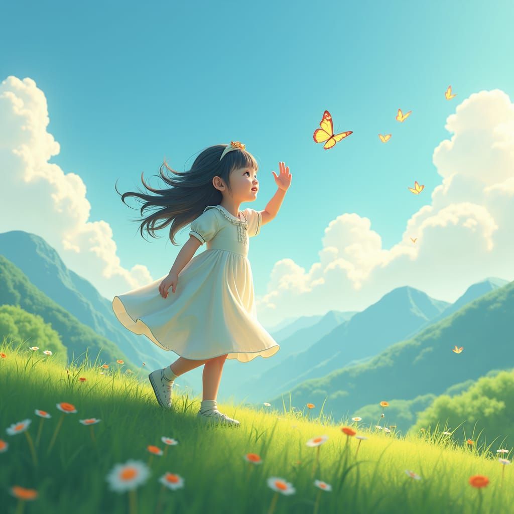 1024x1024 Dreamy Korean Girl with Butterflies: 3D Anime Art