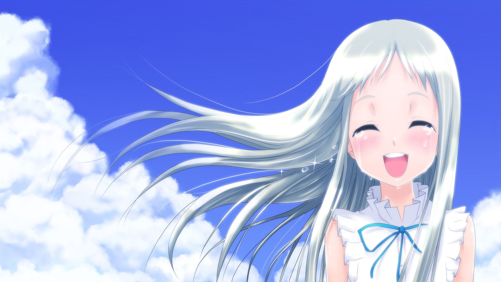 1920x1080 Wallpaper the sky, clouds, smile, anime, tears, long hair, white hair, sundress for mobile and desktop, section прочее, resolution 1920x1080