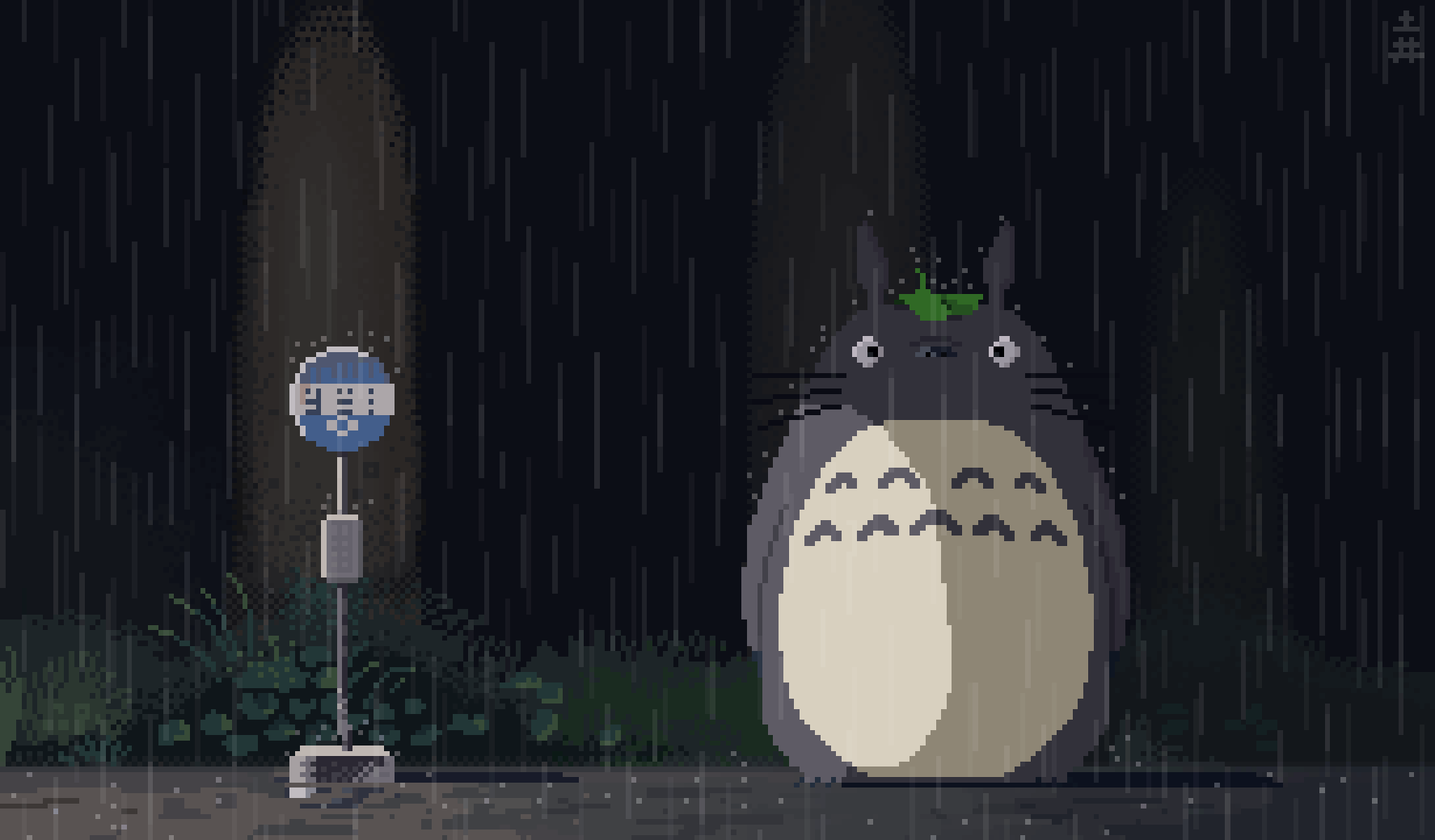 1775x1040 Pixel Totoro at the Rainy Bus Stop