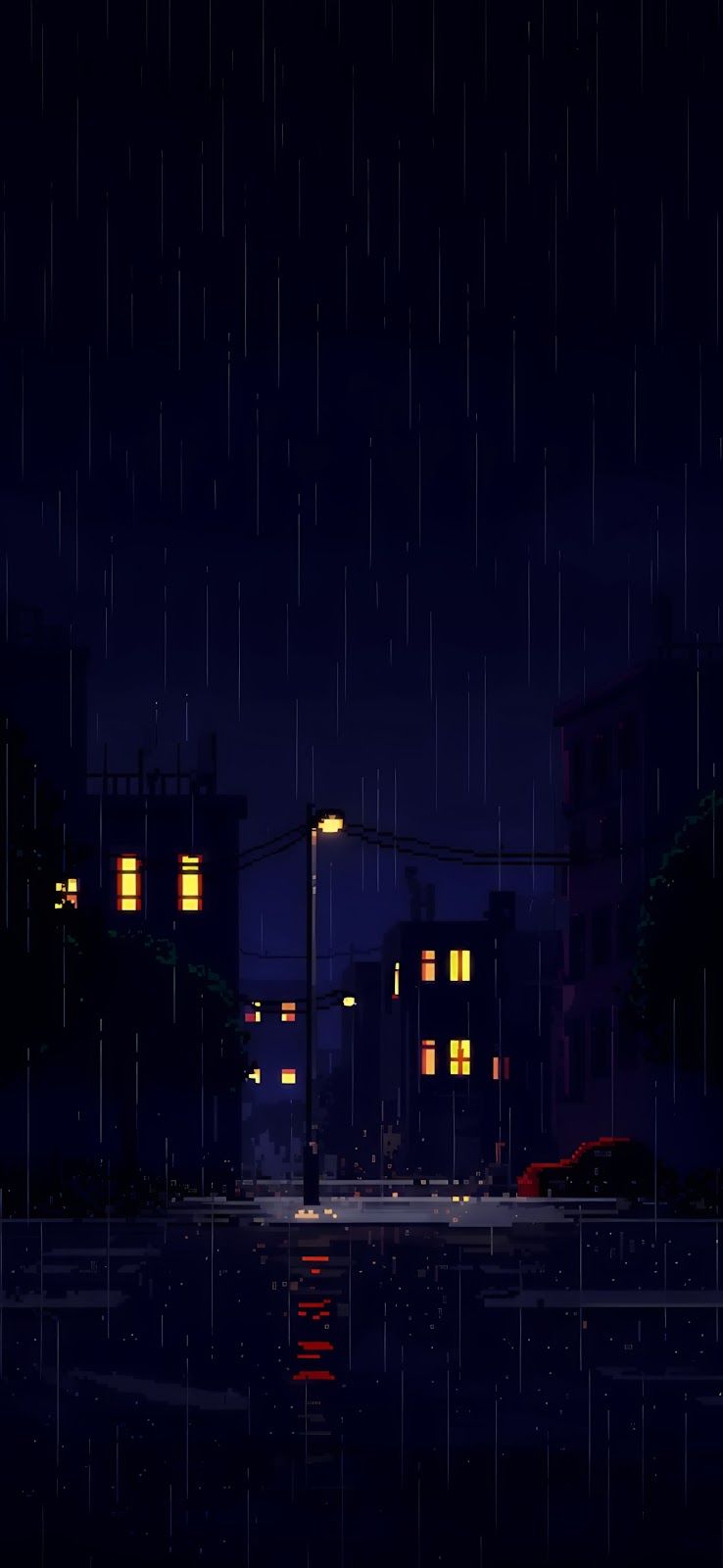 738x1600 Atmospheric Rainy Night Street Pixel Art 4K Wallpaper for iPhone, Android